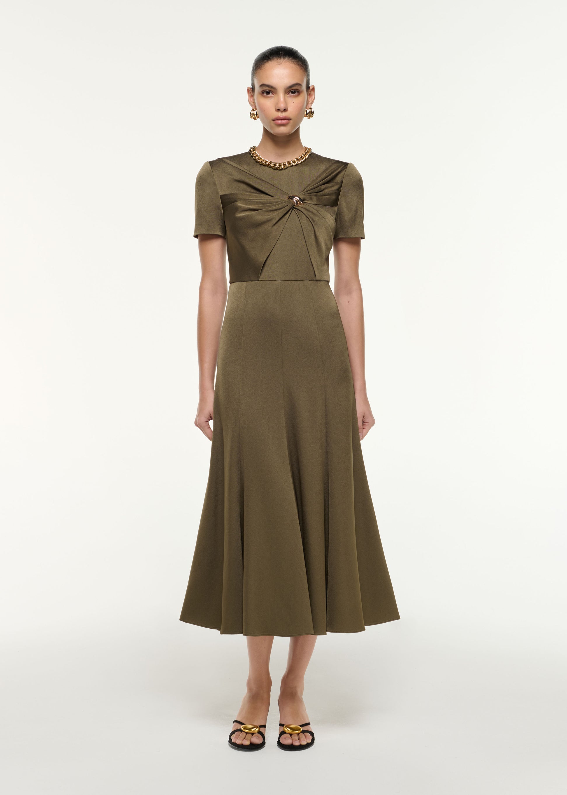 Front view of a model wearing the Satin Crepe Drape Midi Dress in Khaki