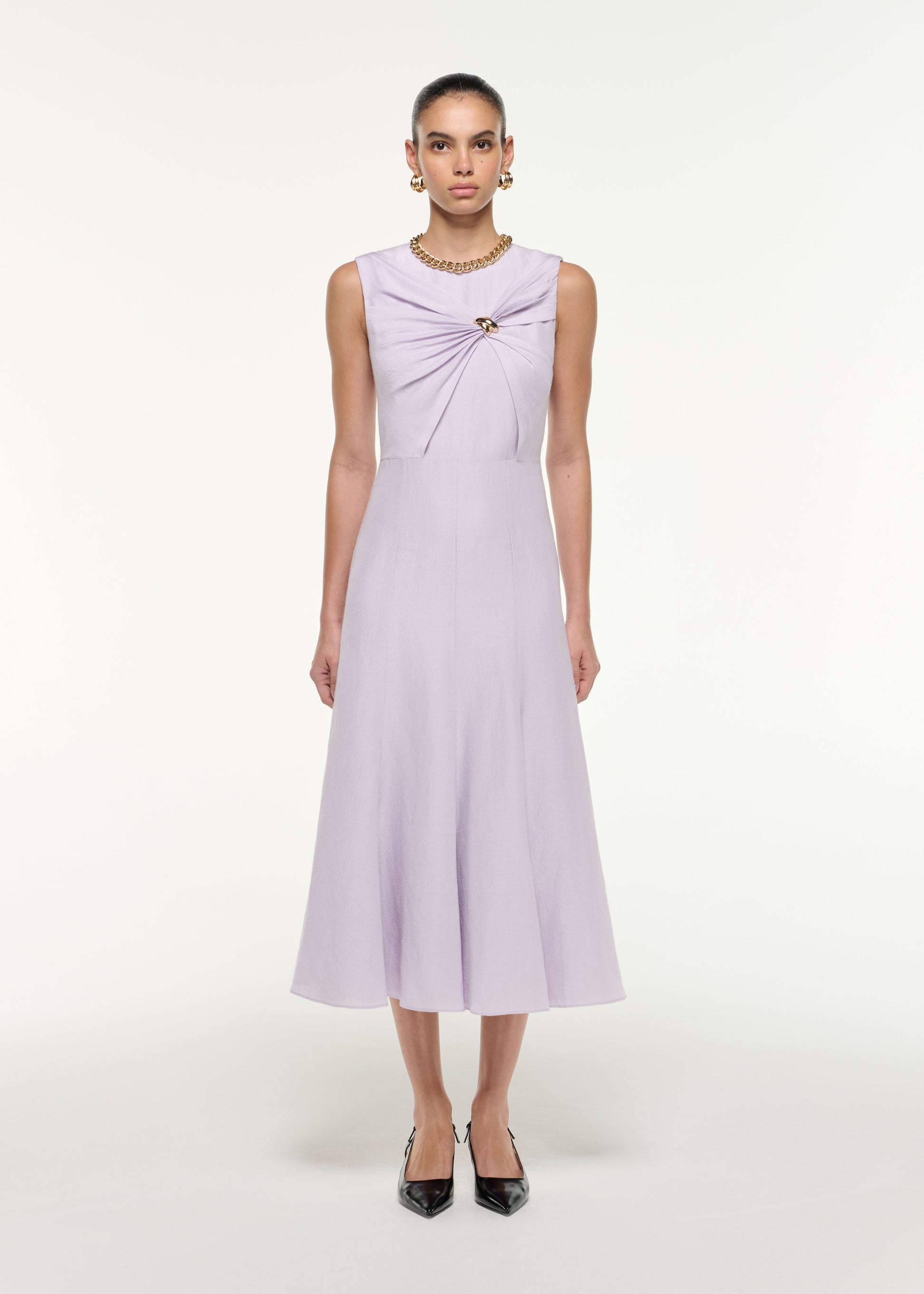 Front view of a model wearing the Silk Jacquard Midi Dress in Lilac