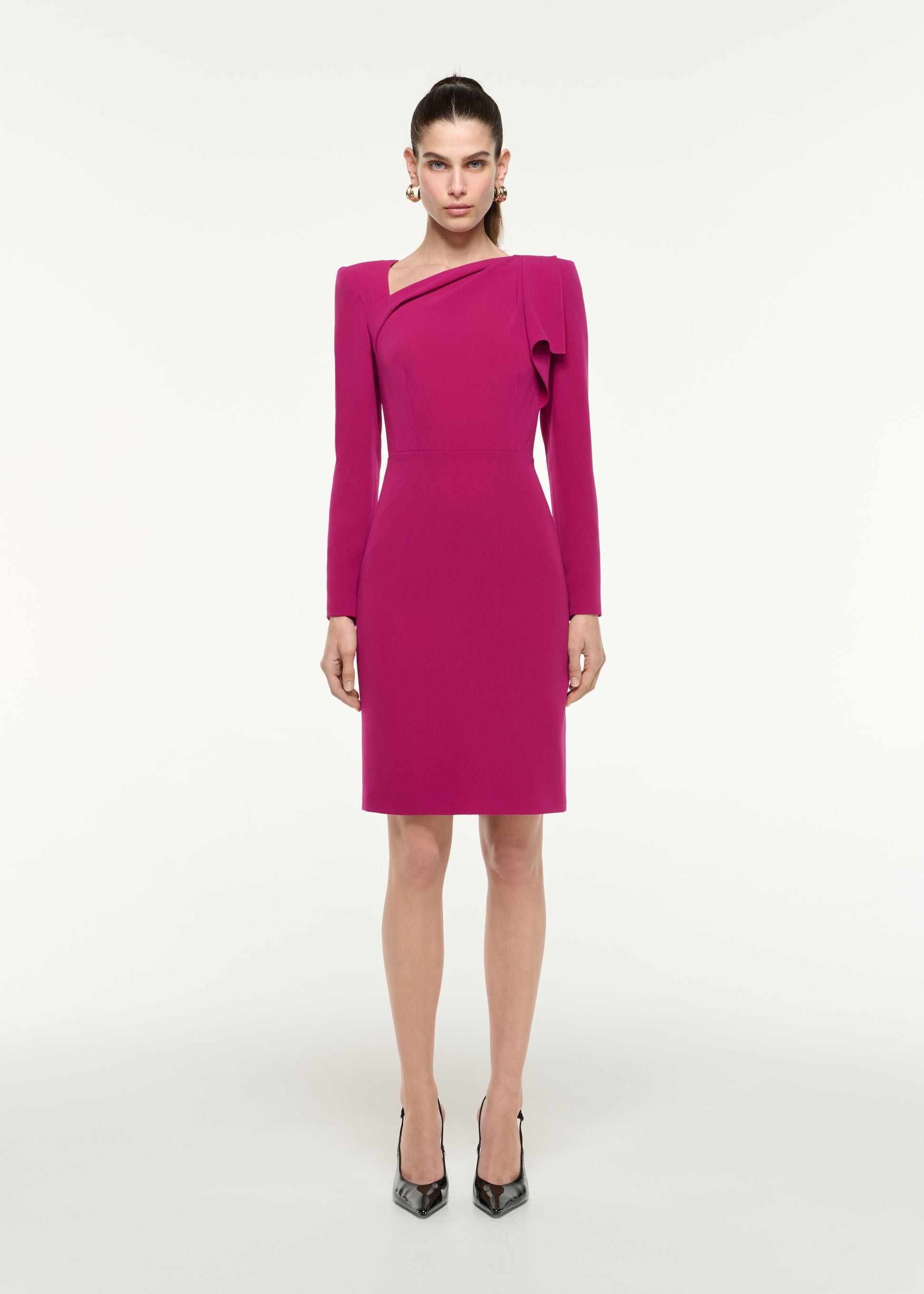 Front view of a model wearing the Shoulder Drape Mini Dress in Dark Pink