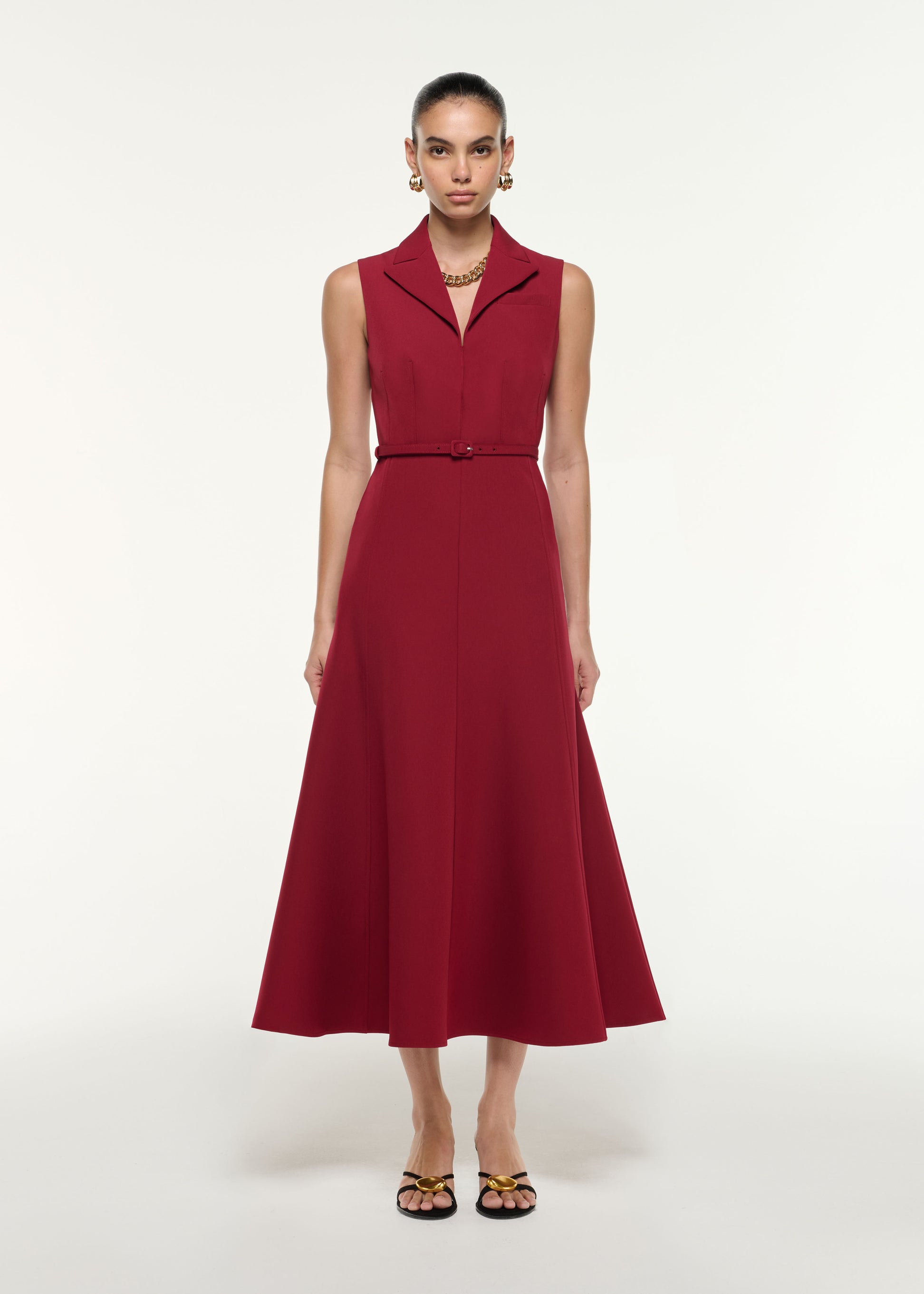 Front view of a model wearing the Belted Collar Midi Dress in Dark Red