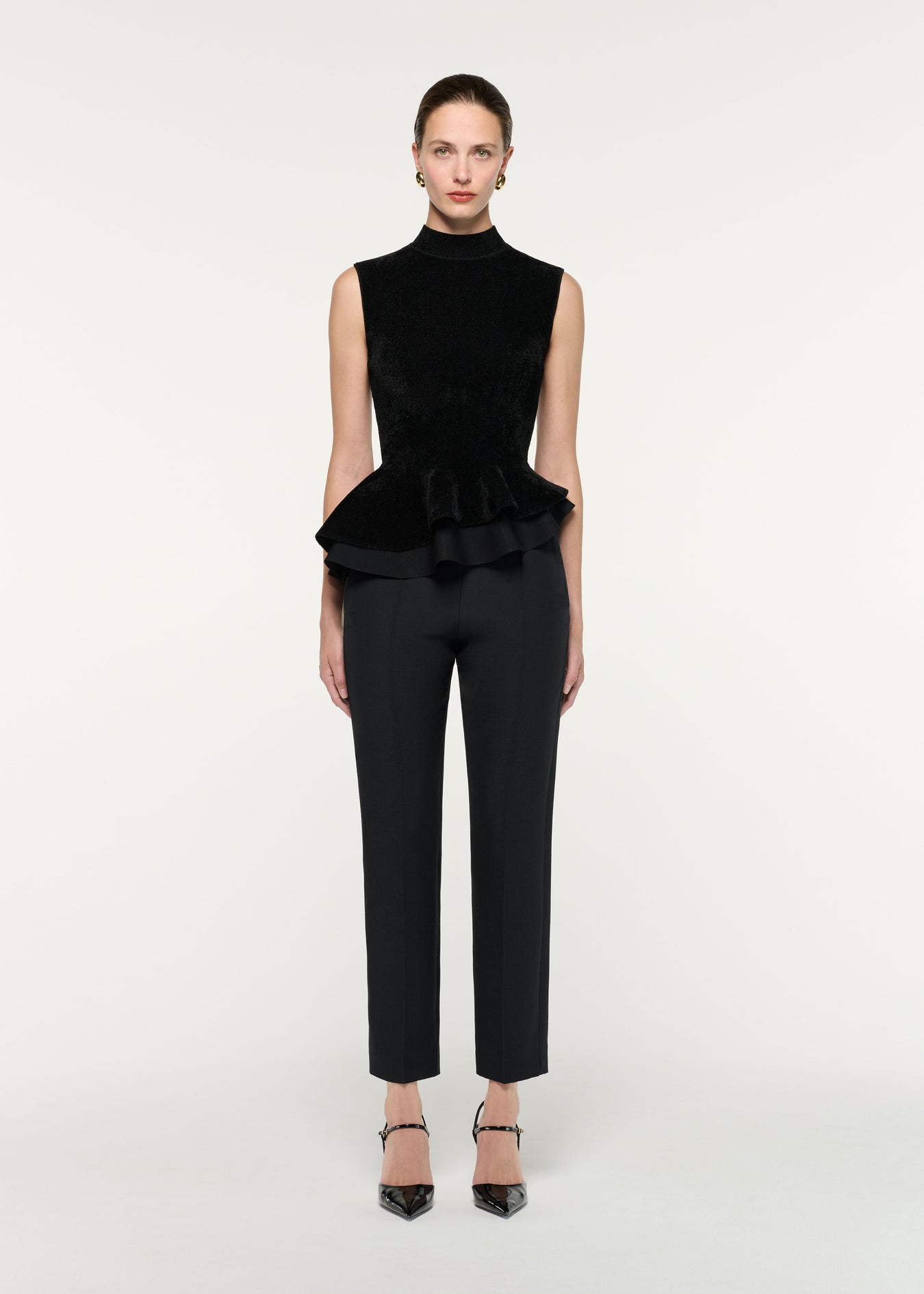 Front view of a model wearing the Wool Silk Cropped Trouser
