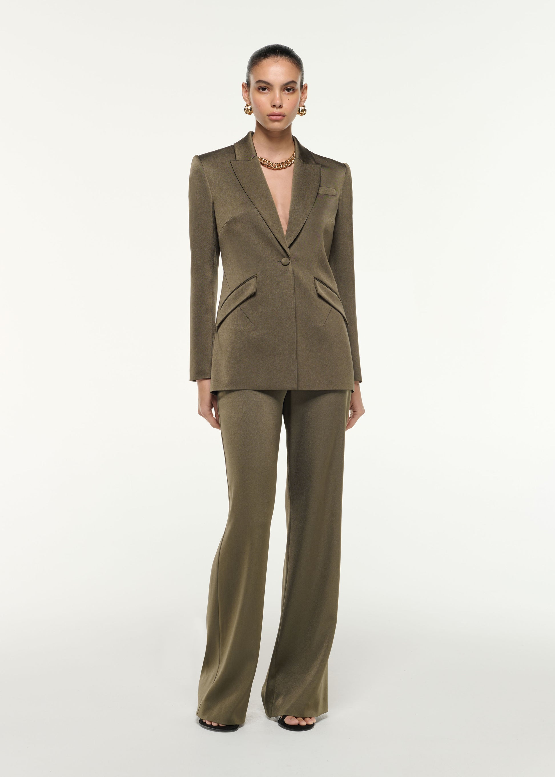 Front view of a model wearing the Fitted Tailored Jacket in Khaki