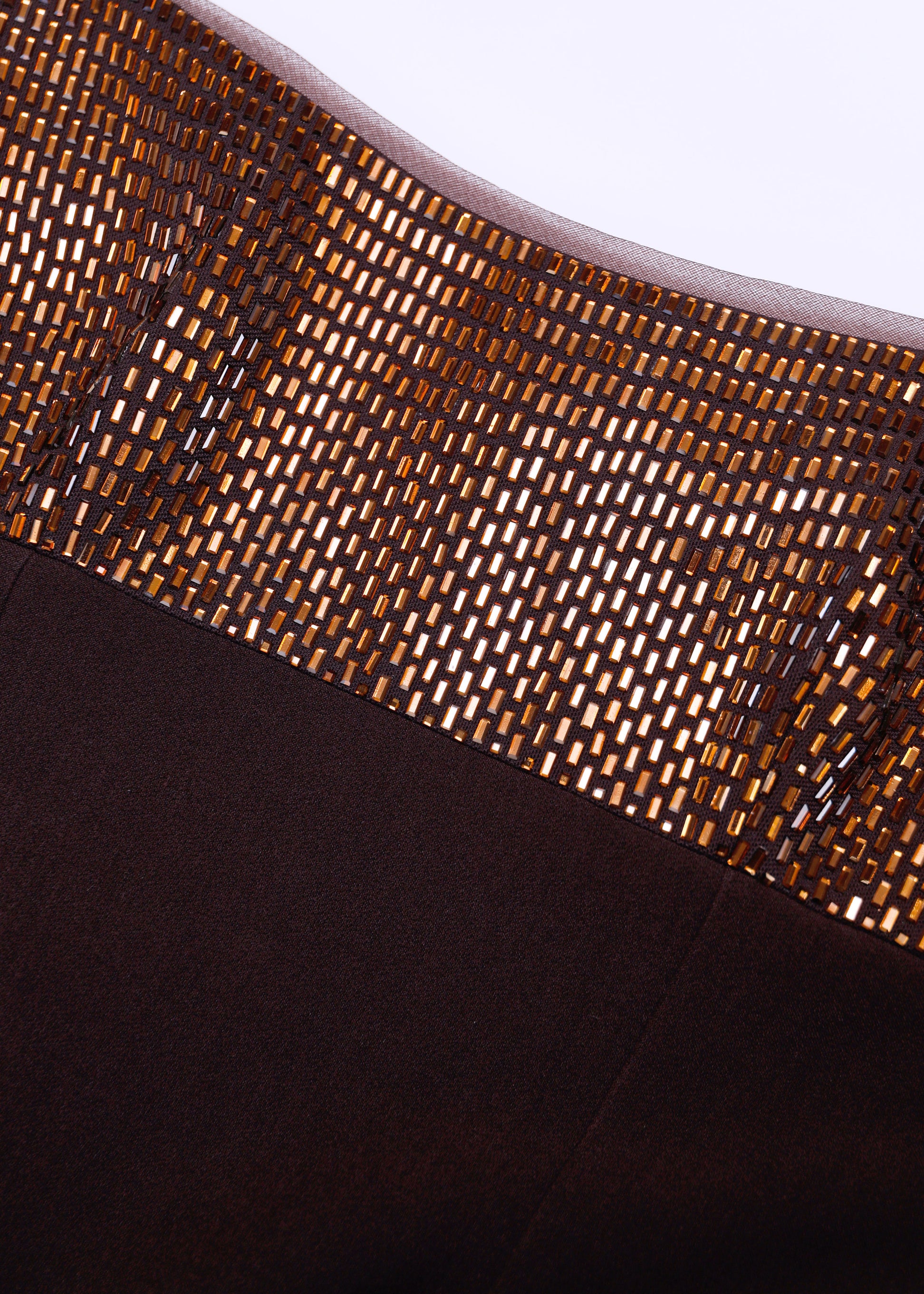 A close up of the fabric for the Strapless Diamate Panel Gown