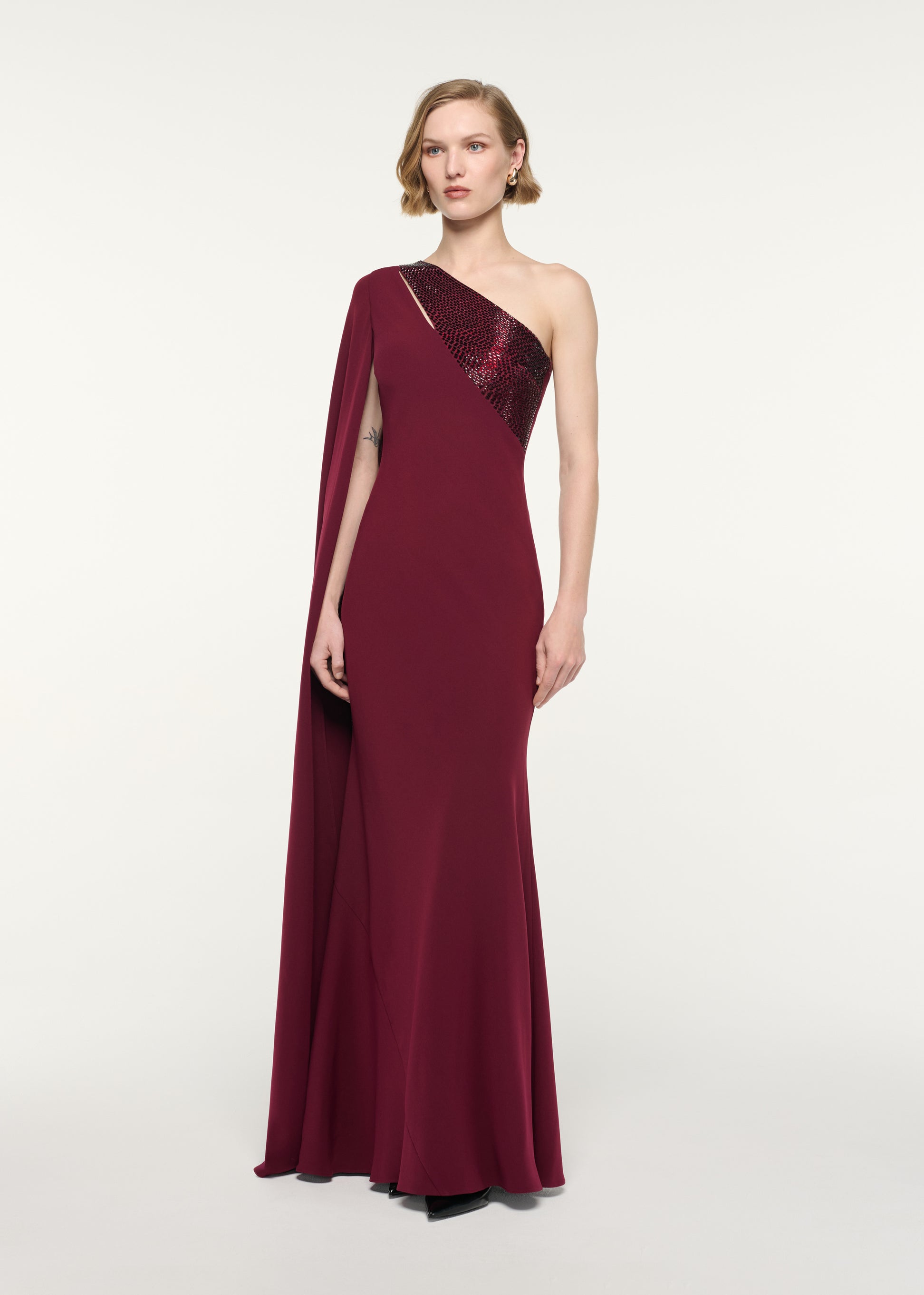 Diamante Panel One Shoulder Cape Gown