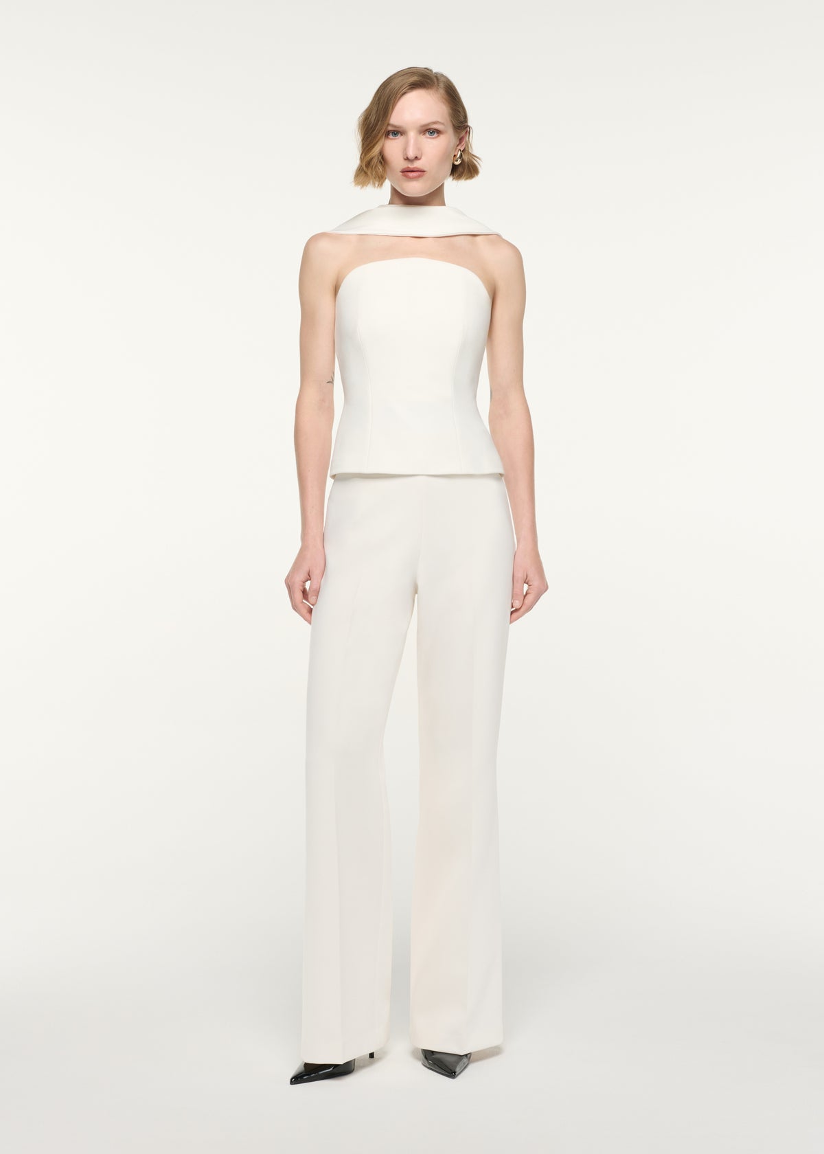 Front view of a model wearing the Scarf Neckline Moon Top