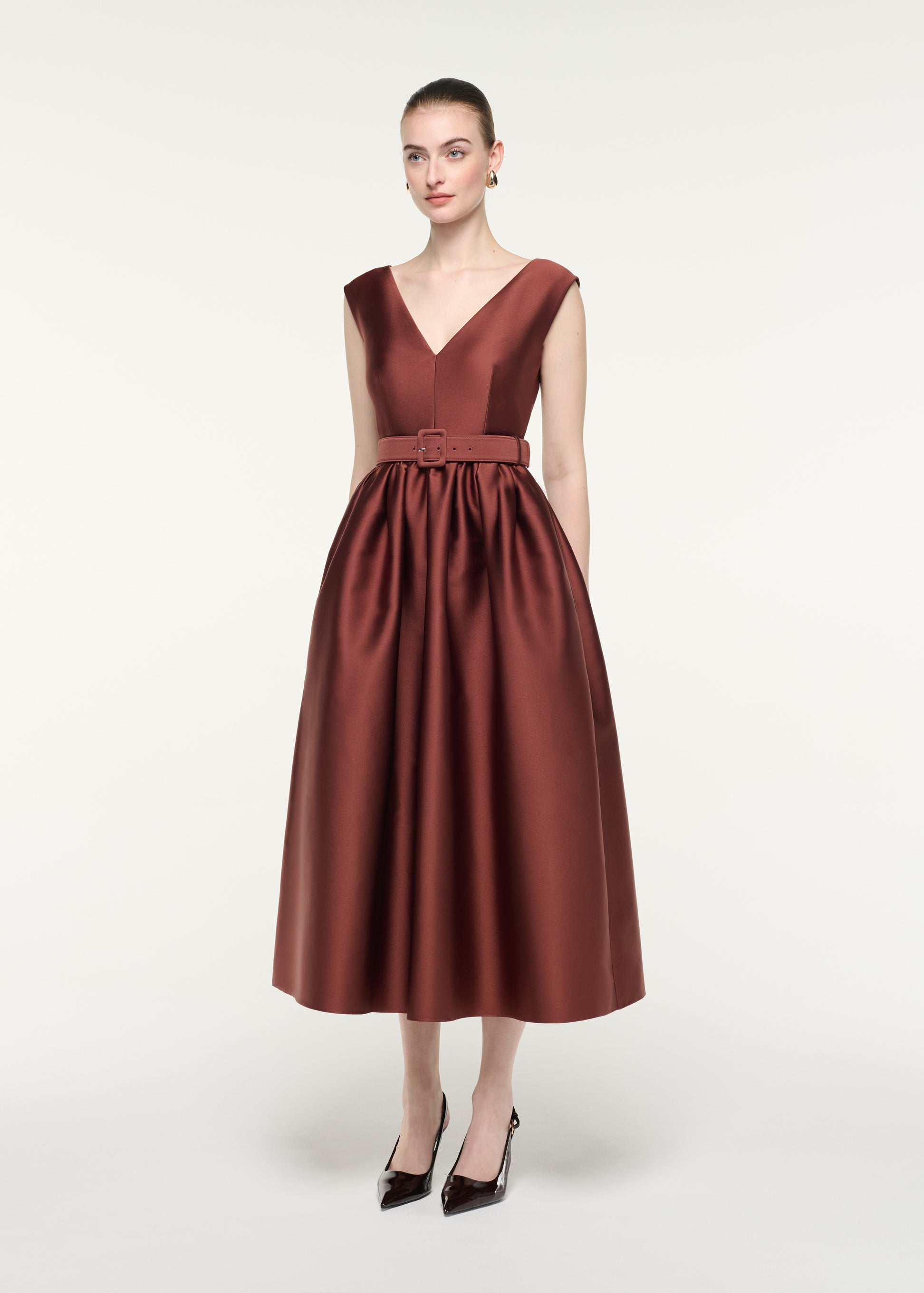Belted V-Neck Midi Dress