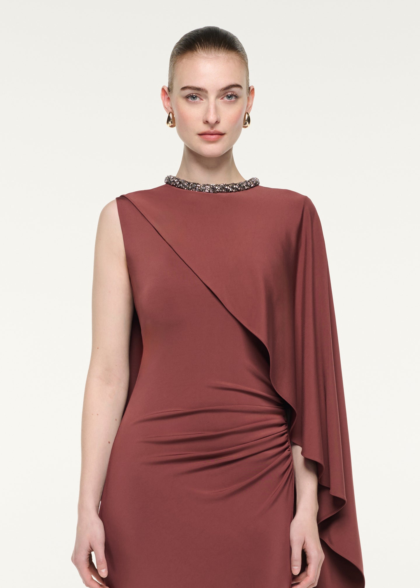 Crystal Neckline Asymetric Column Maxi Dress