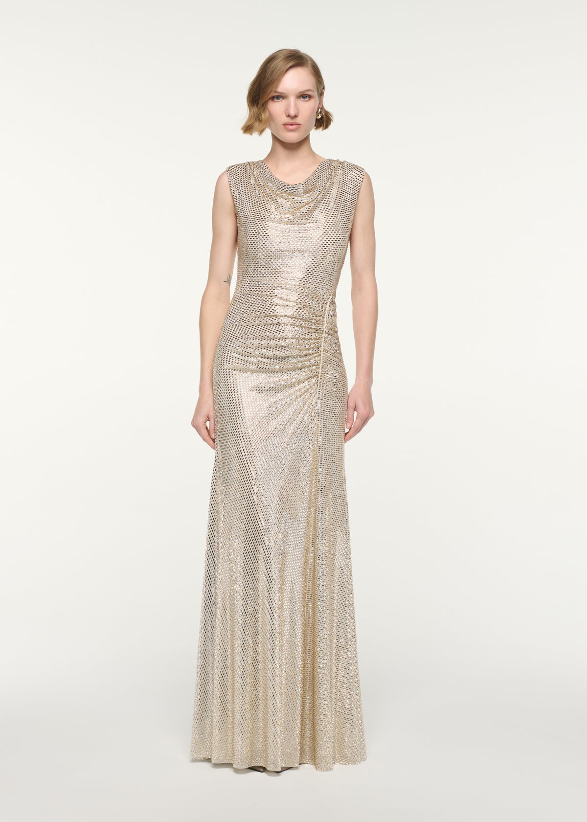 Front view of a model wearing the Gathered Diamante Gown