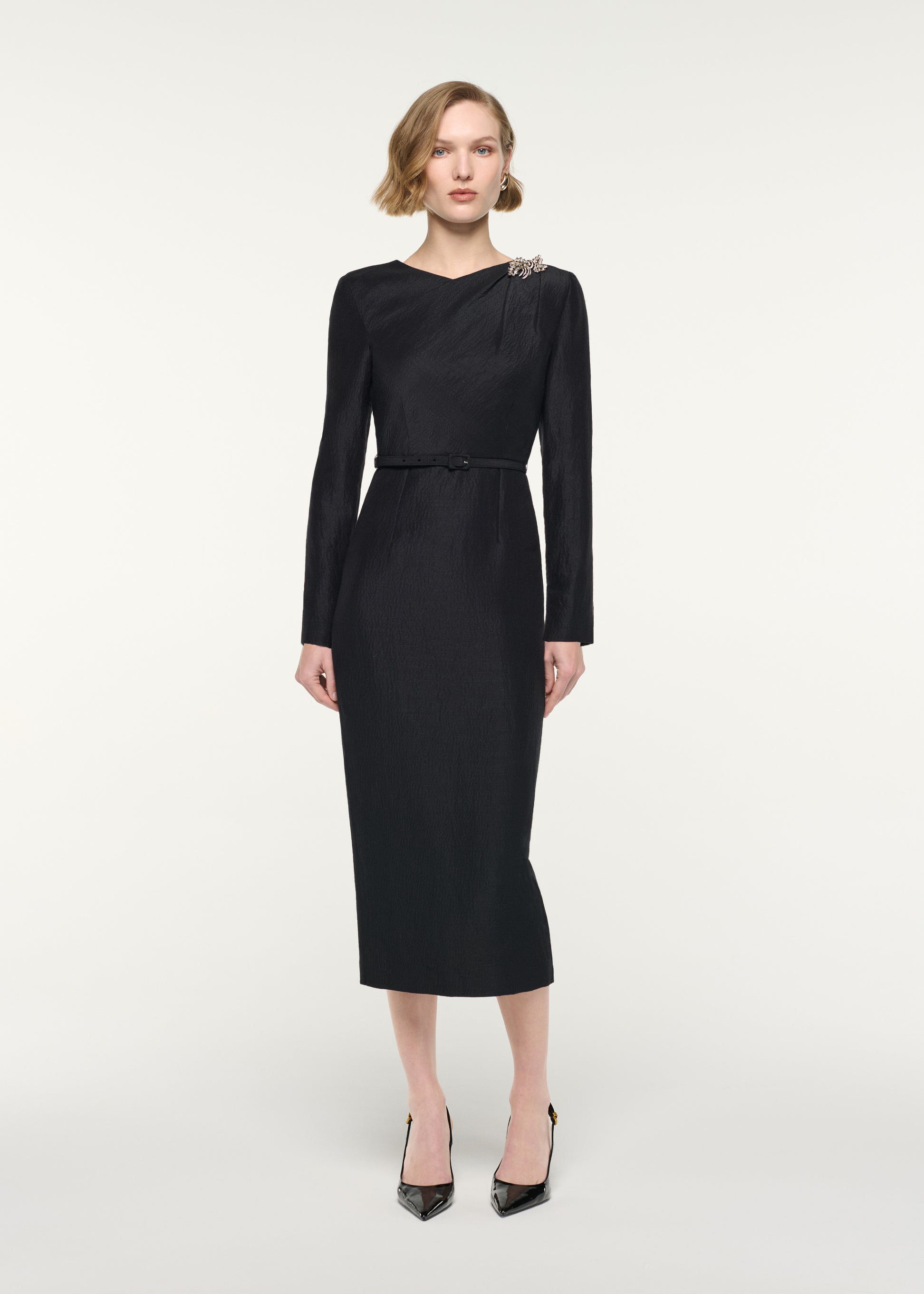 Brooched Silk Jacquard Midi Dress