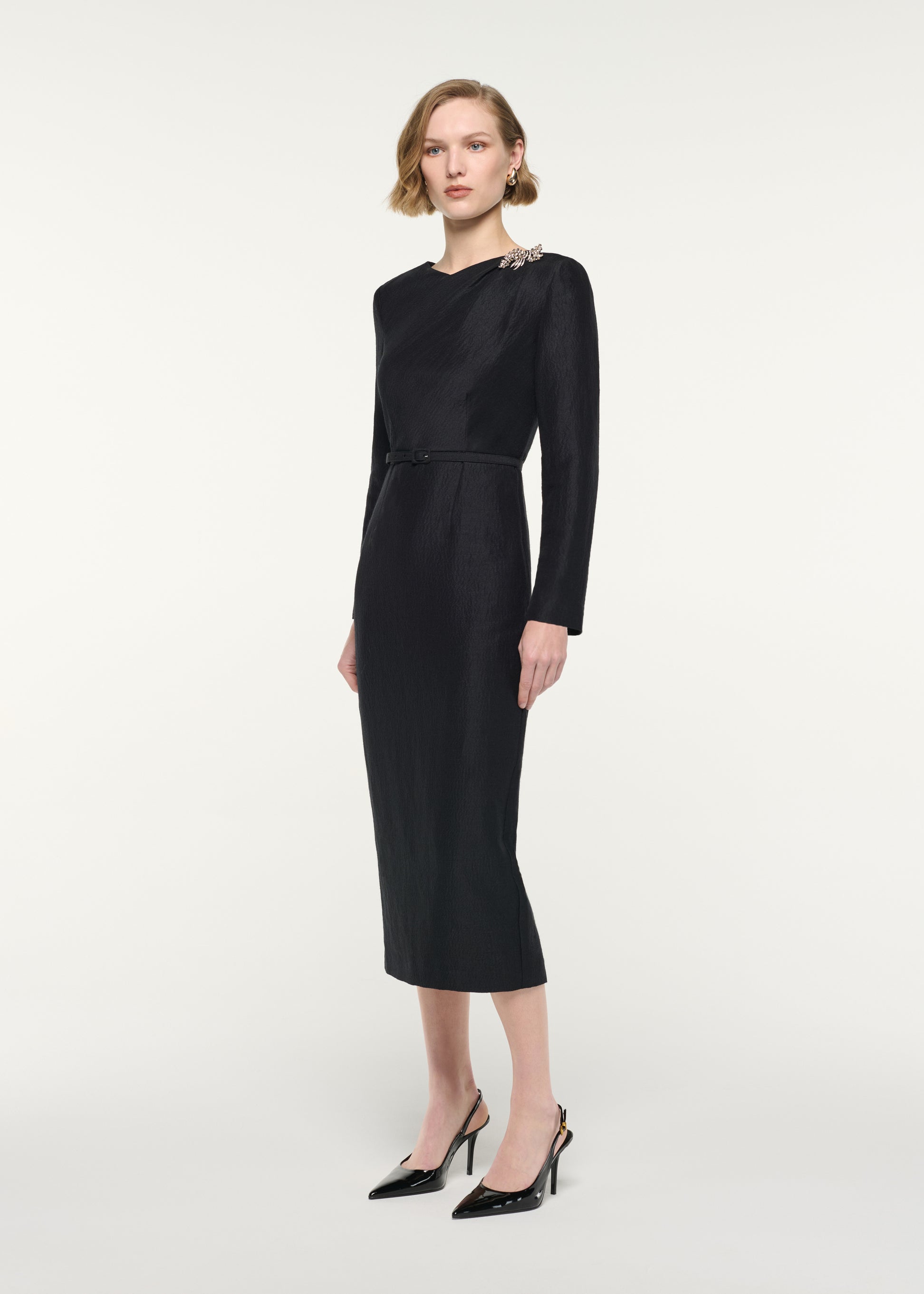 Brooched Silk Jacquard Midi Dress
