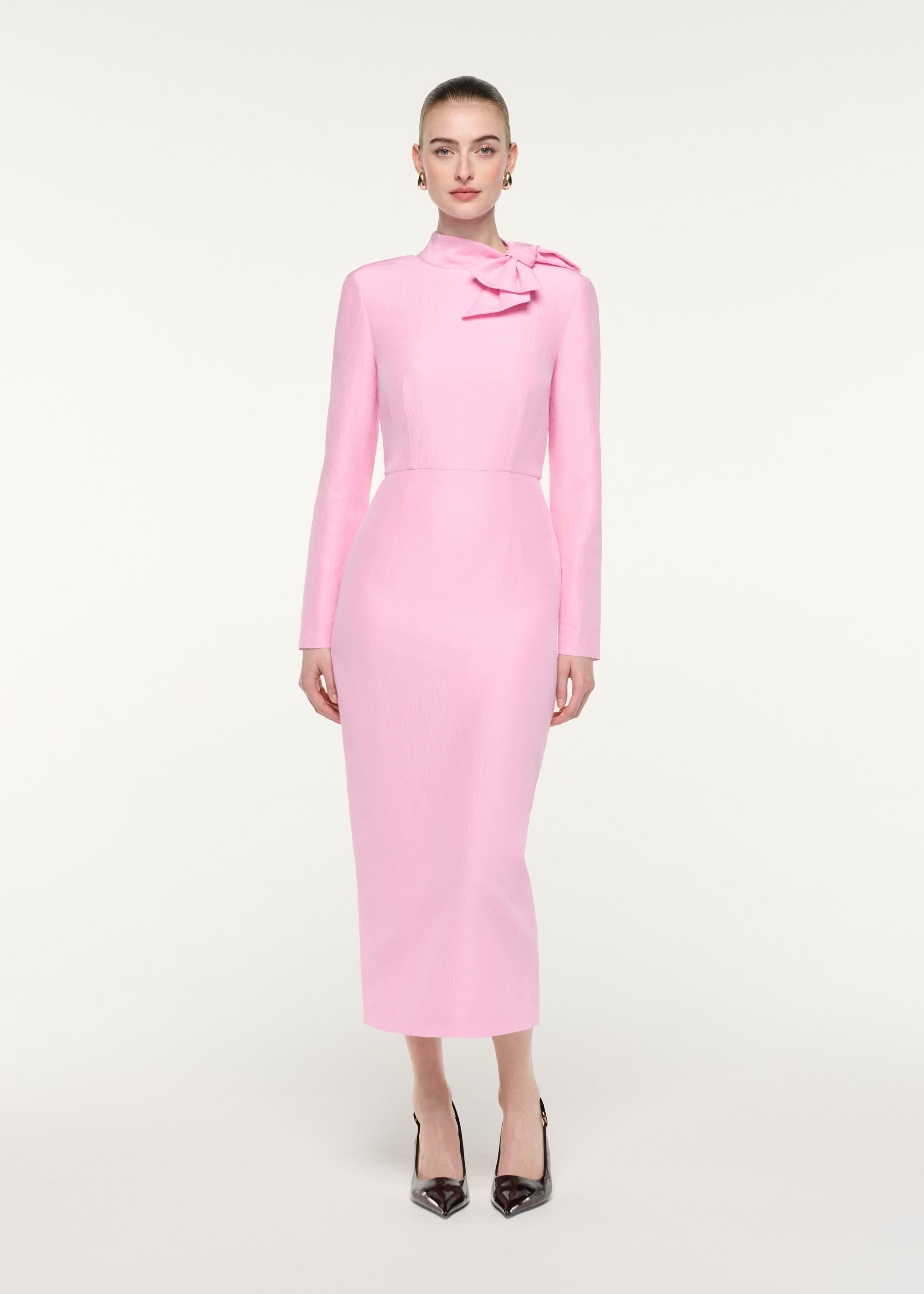 Bow Neckline Long Sleeve Midi Dress