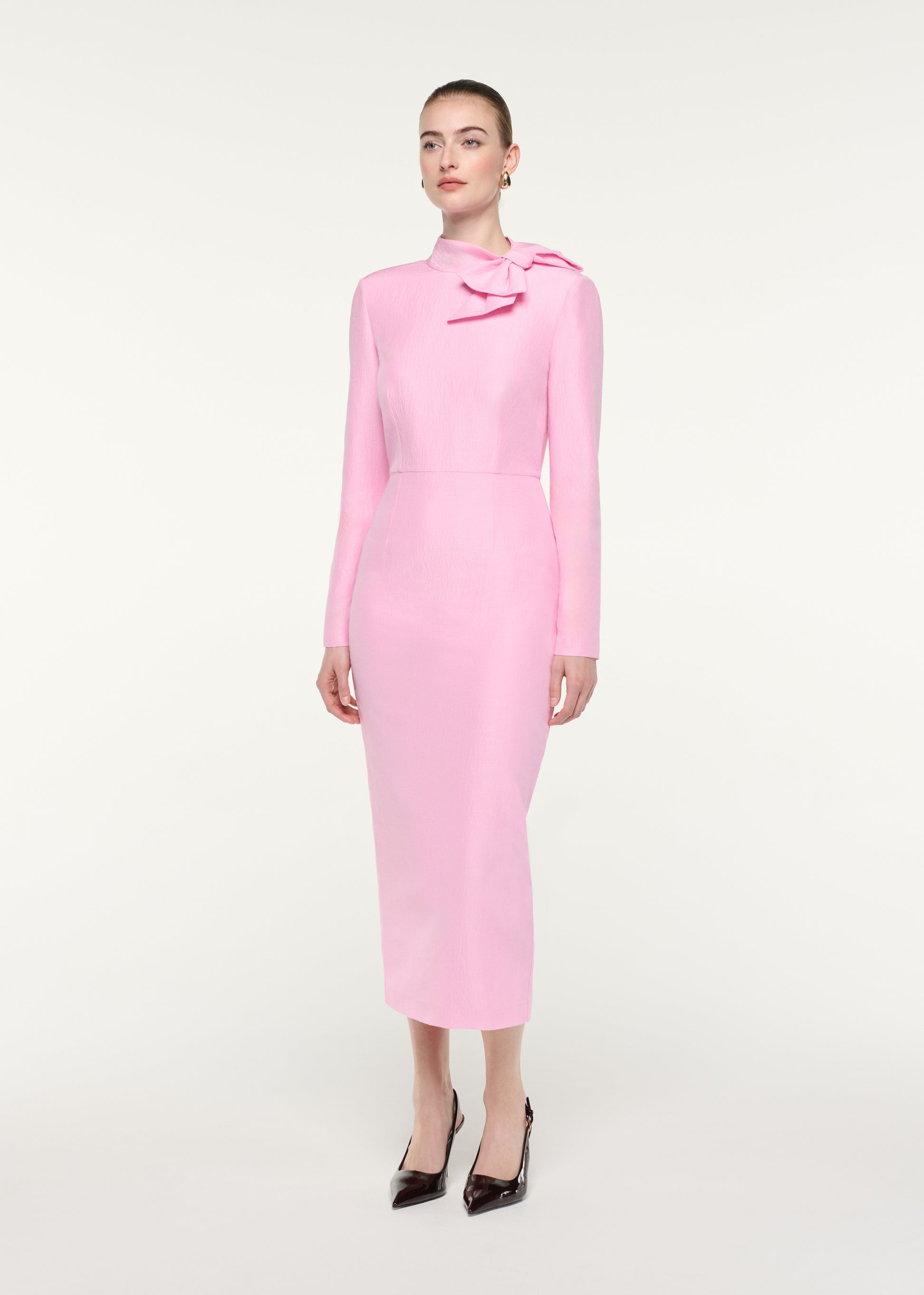 Bow Neckline Long Sleeve Midi Dress