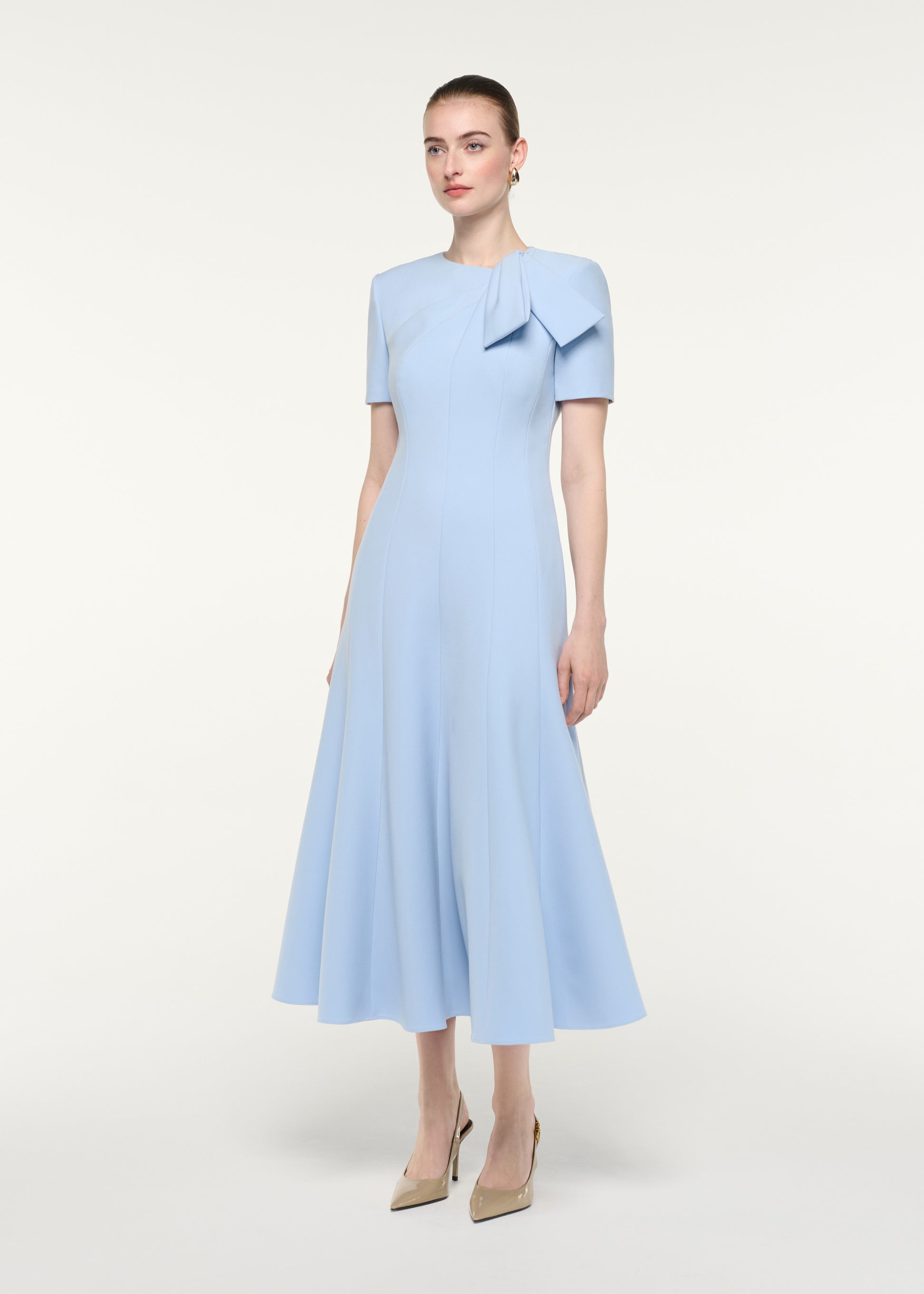 Bow Neckline Short Sleeve Midi Dress