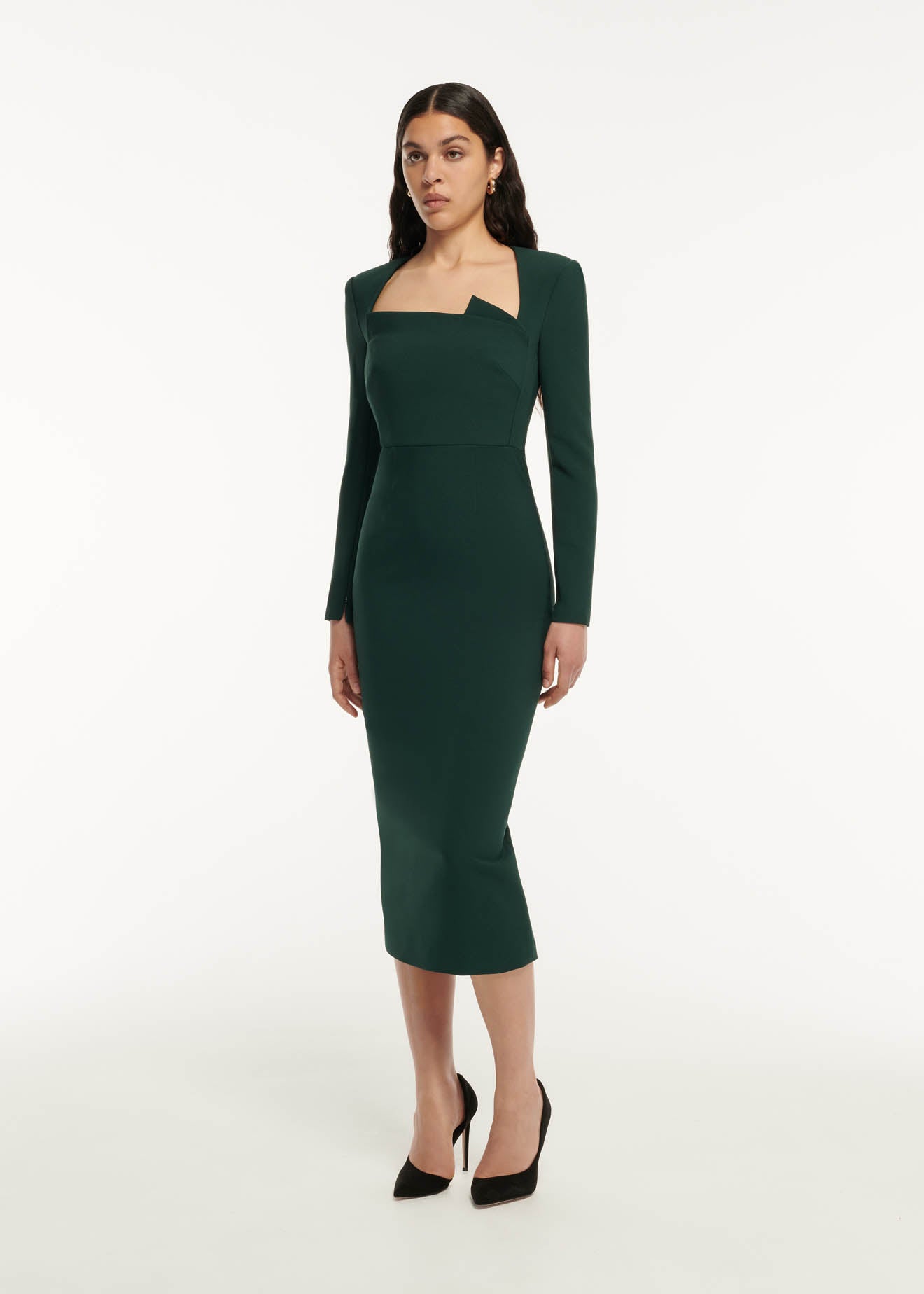 Pleated Front Crepe Midi Dress