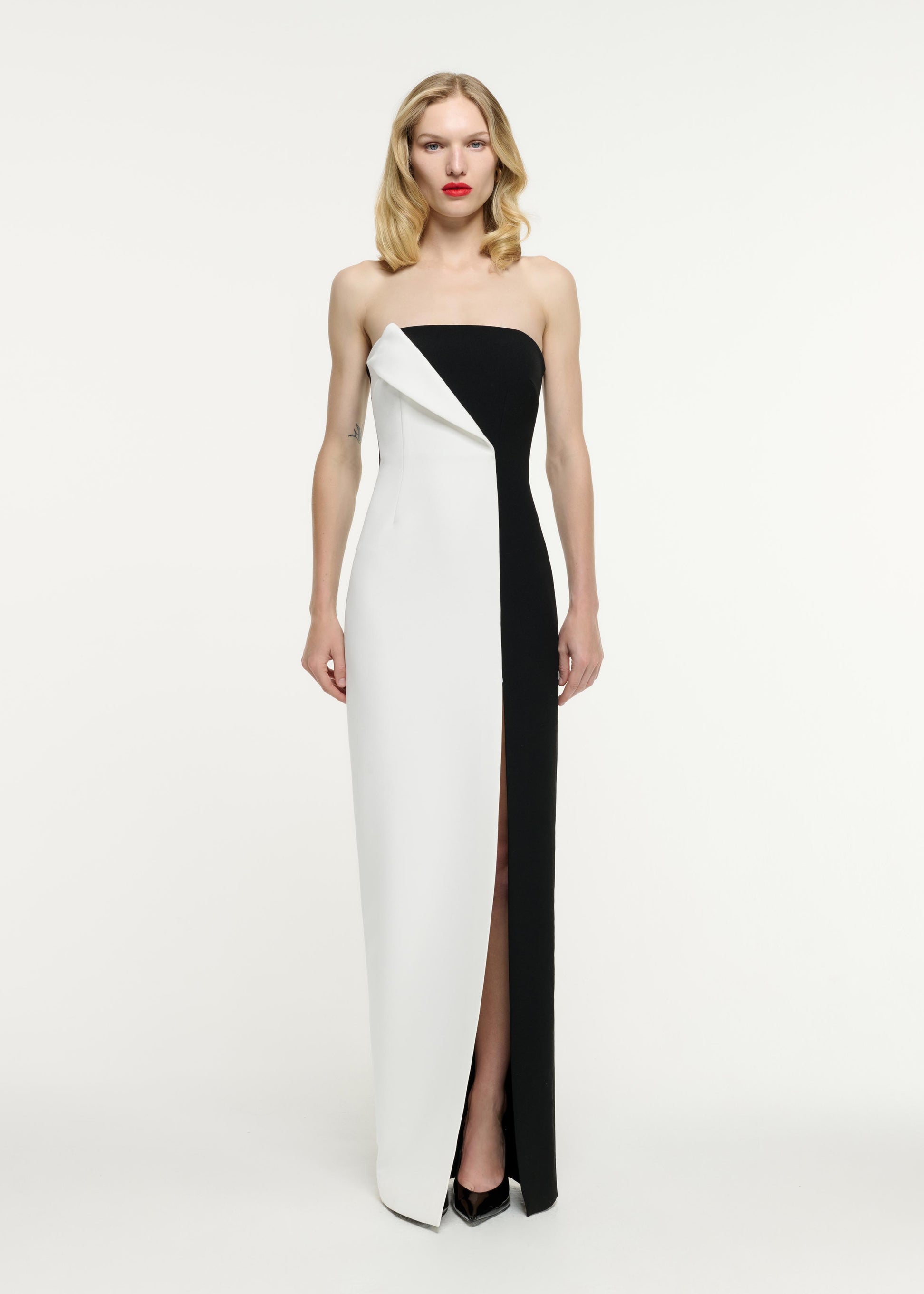 Front view of a model wearing the Strapless Crepe Gown in Monochrome