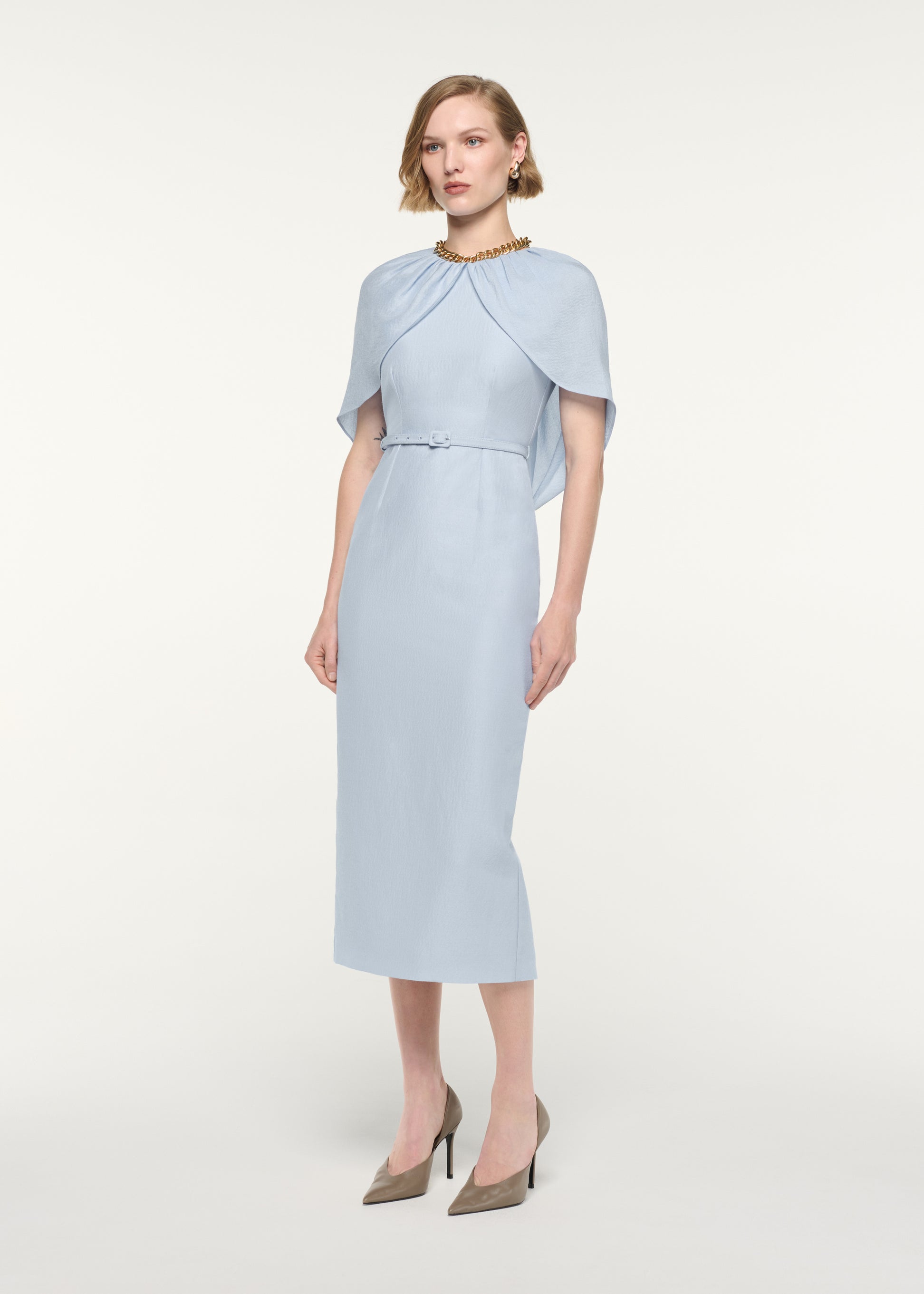 Gathered Cape Column Fit Midi Dress