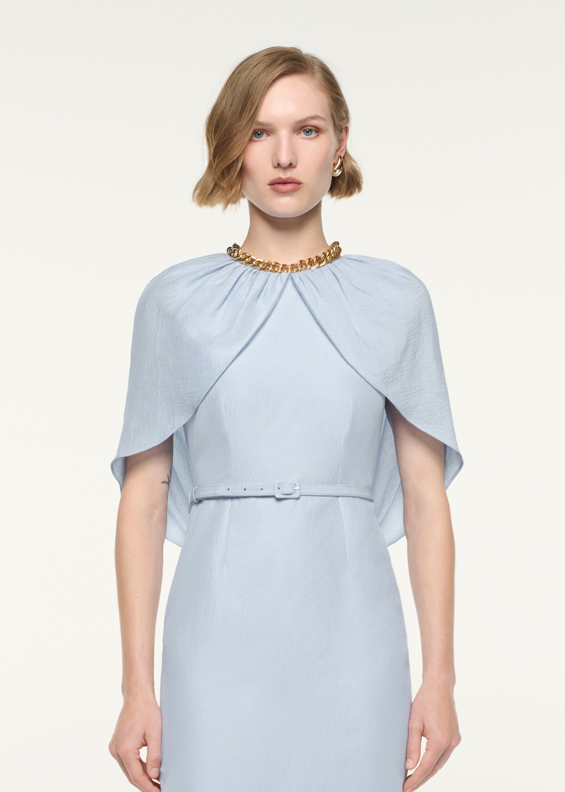 Gathered Cape Column Fit Midi Dress