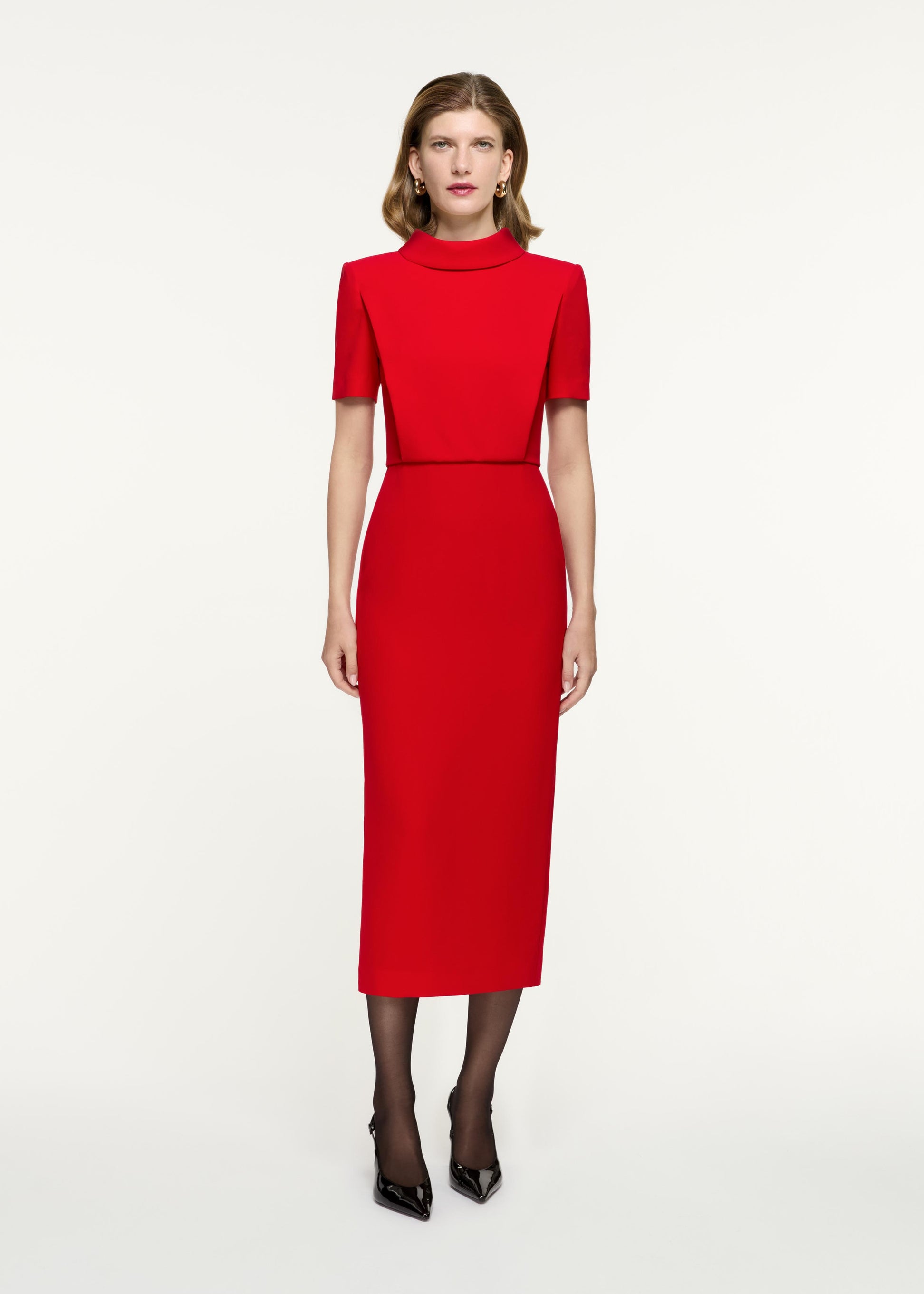 Front view of a model wearing the Collared Midi Dress in Red