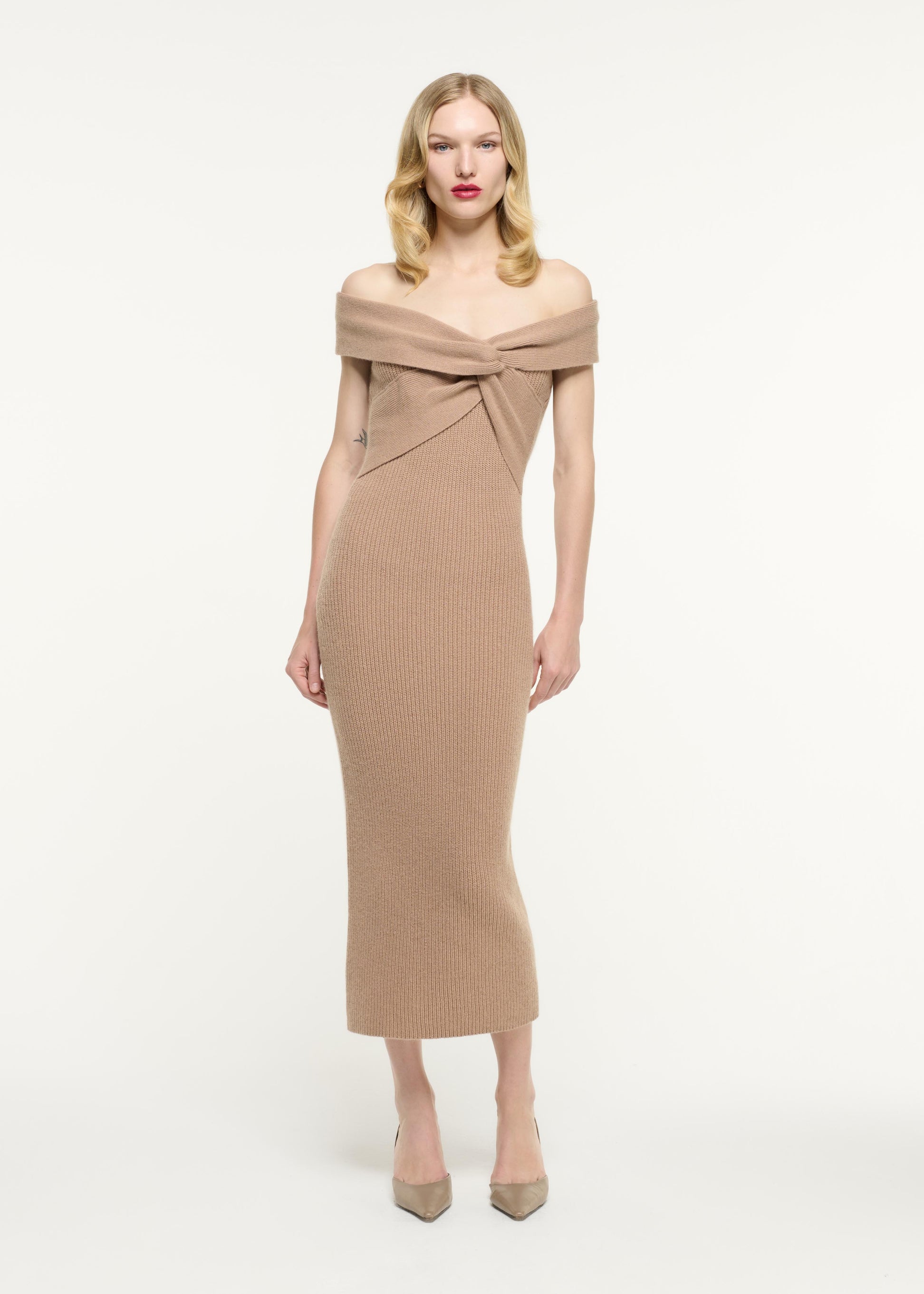 Front view of a model wearing the Off Shoulder Cashmere Midi Dress in Beige