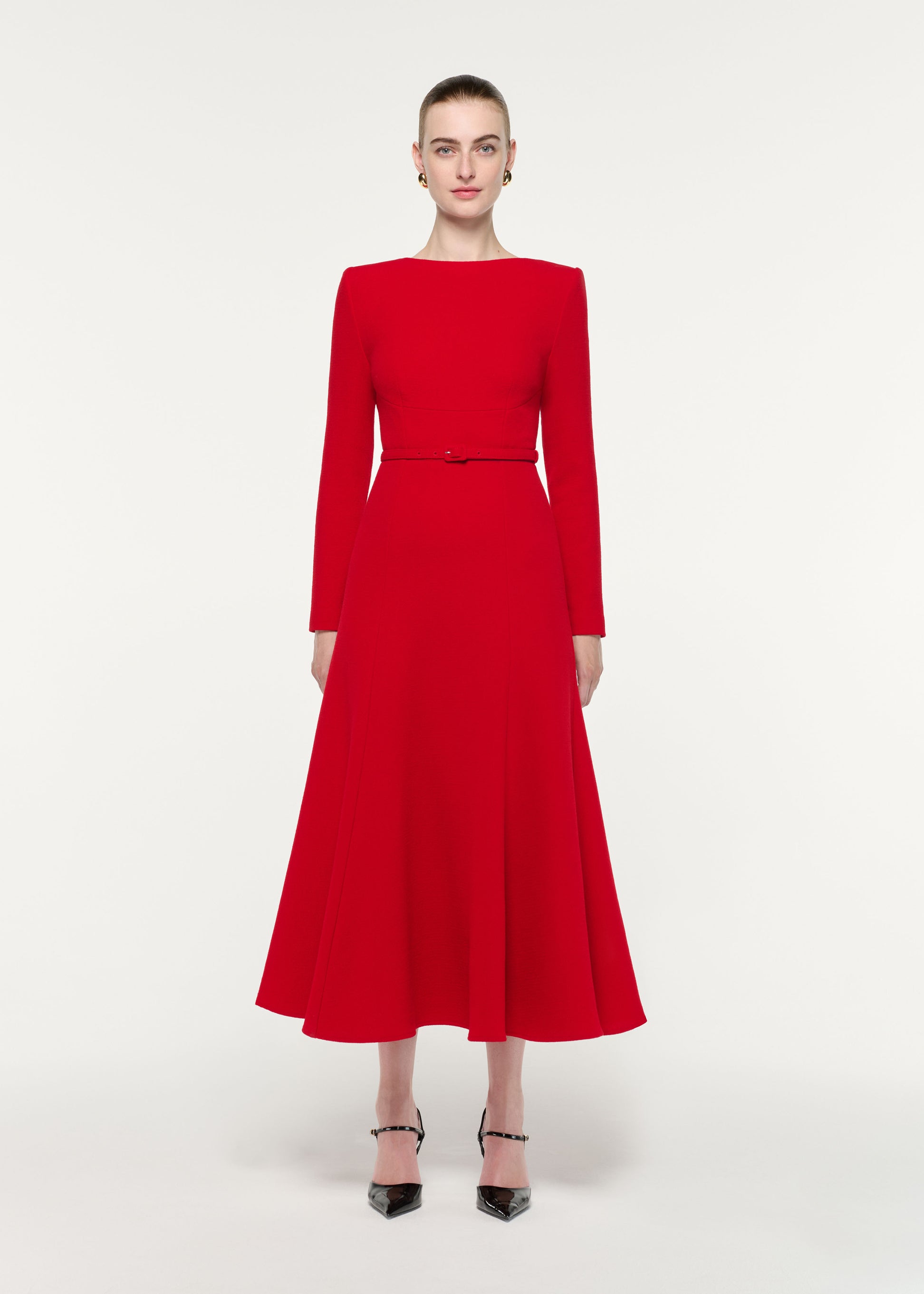 Front view of a model wearing the Boat Neck Wool Crepe Dress
