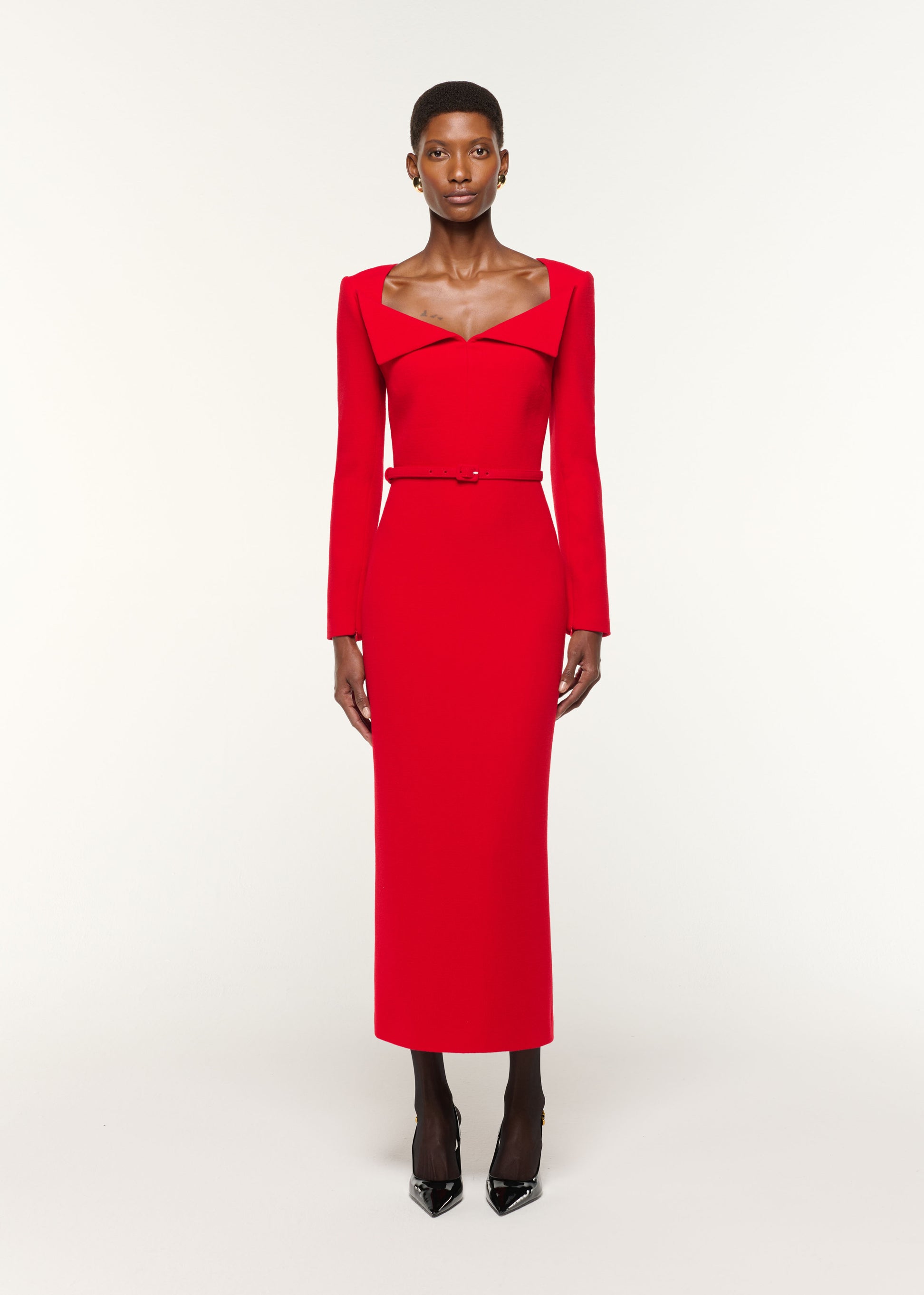 Front view of a model wearing the Square Neck Collar Fold Wool Crepe Dress in Red