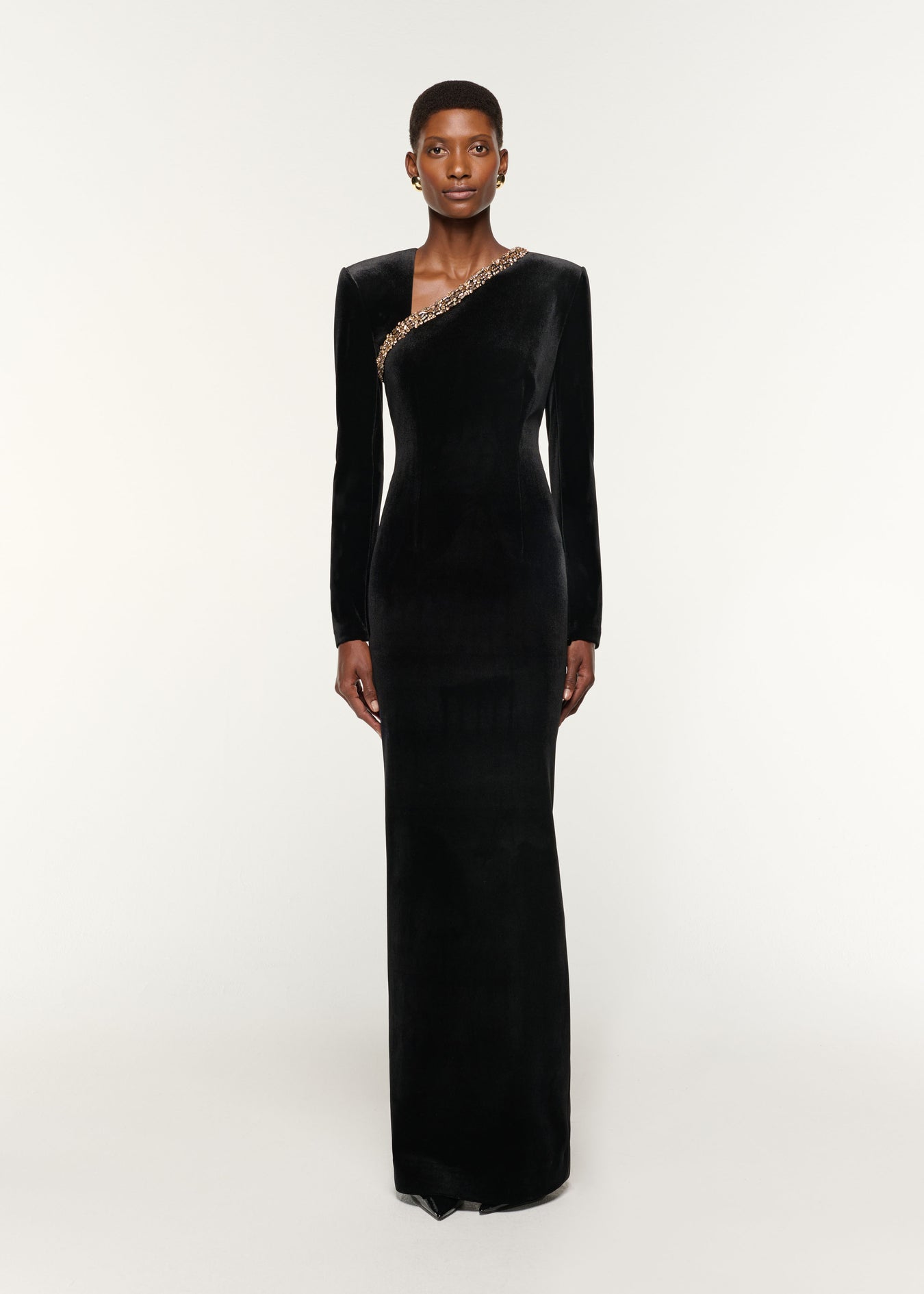 Front view of a model wearing the Long Sleeve Embellished Velvet Gown in Black