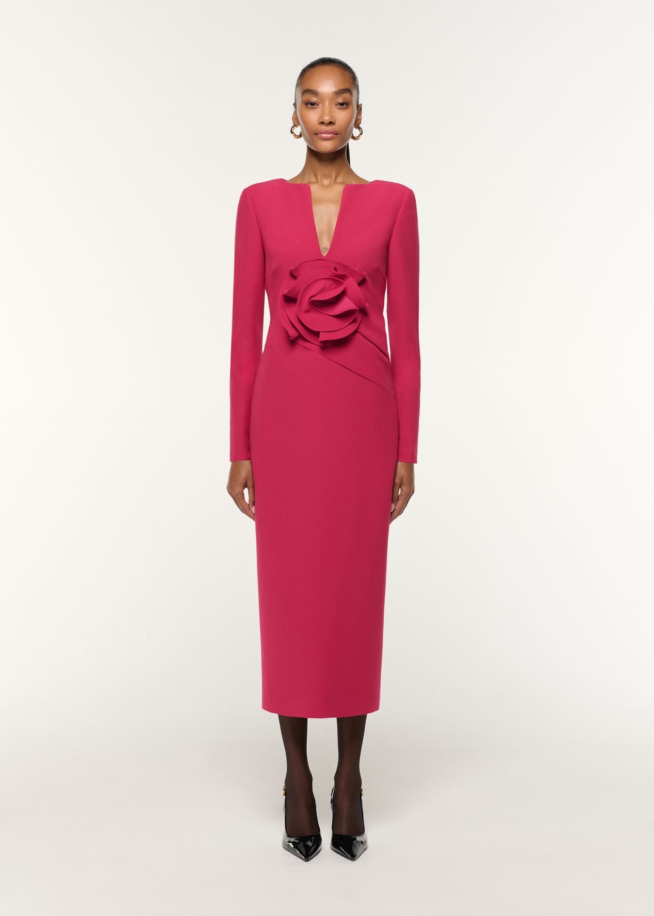Front view of a model wearing the Flower Drape Crepe Midi Dress in Pink
