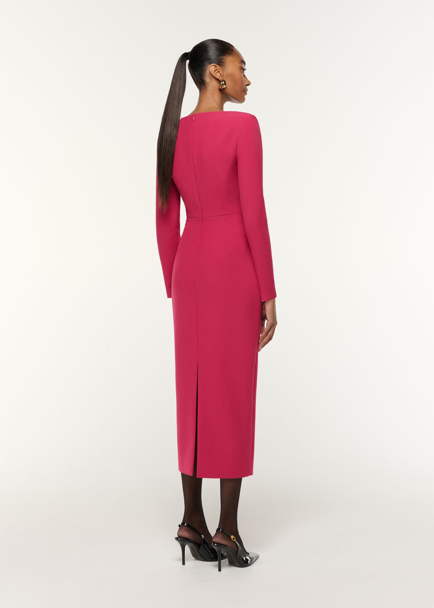 Back view of a model wearing the Flower Drape Crepe Midi Dress in Pink