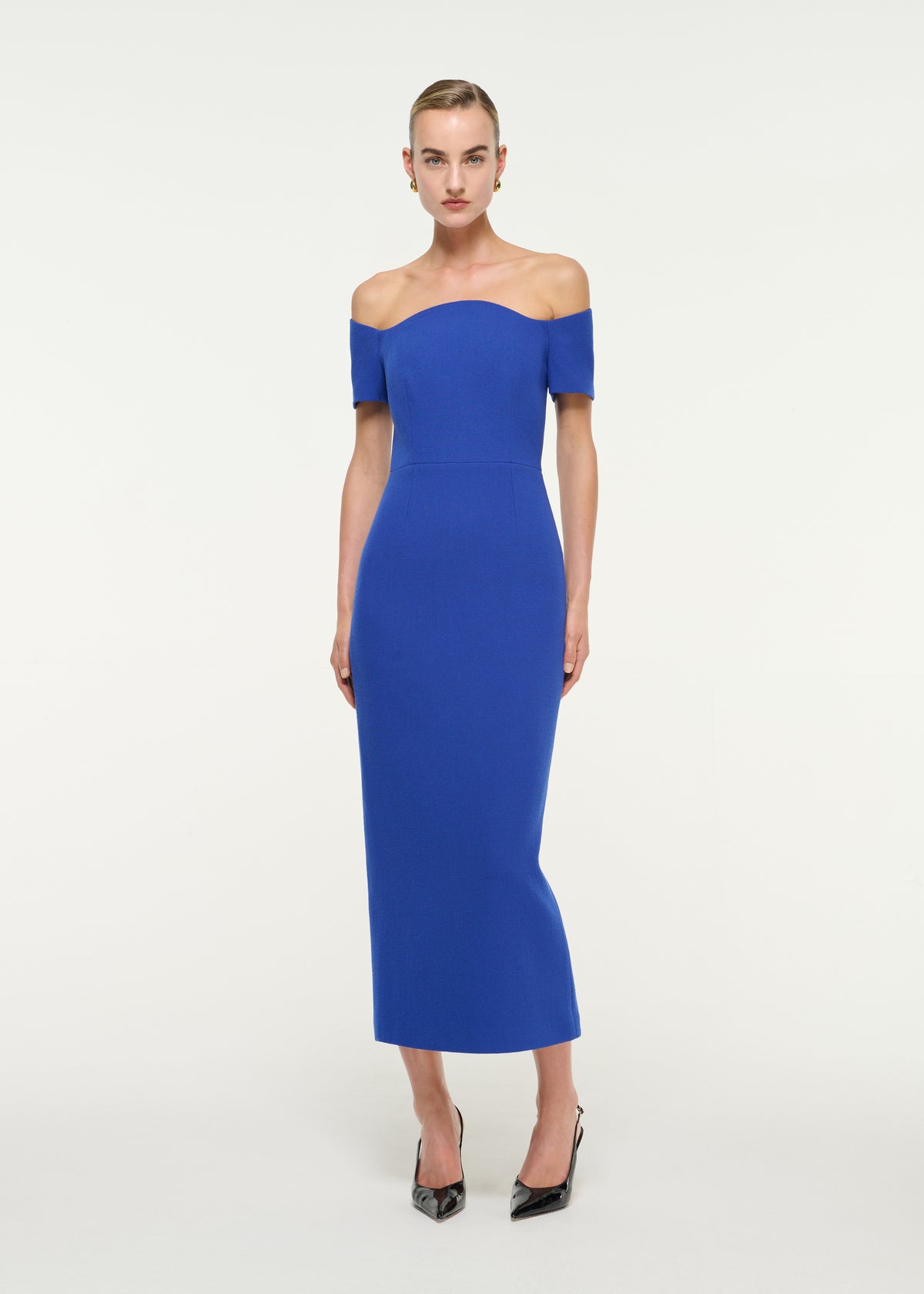 Off Shoulder Wool Crepe Midi Dress