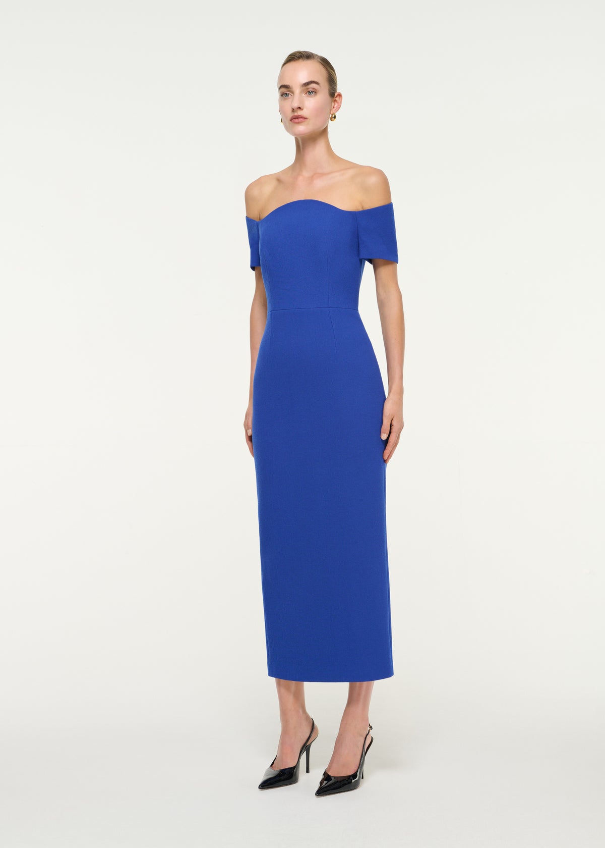 Off Shoulder Wool Crepe Midi Dress