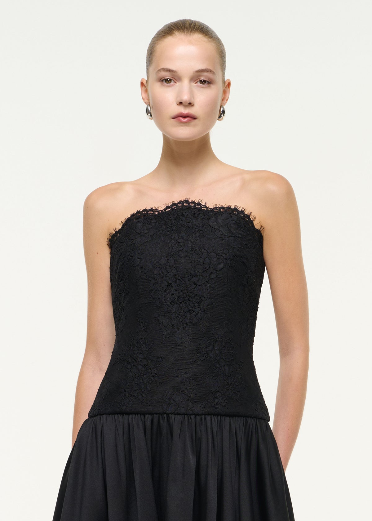 Strapless Taffeta And Lace Maxi Dress