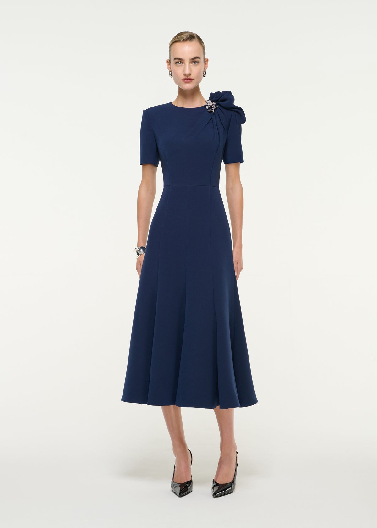 Crepe Midi Dress With Brooch Detail