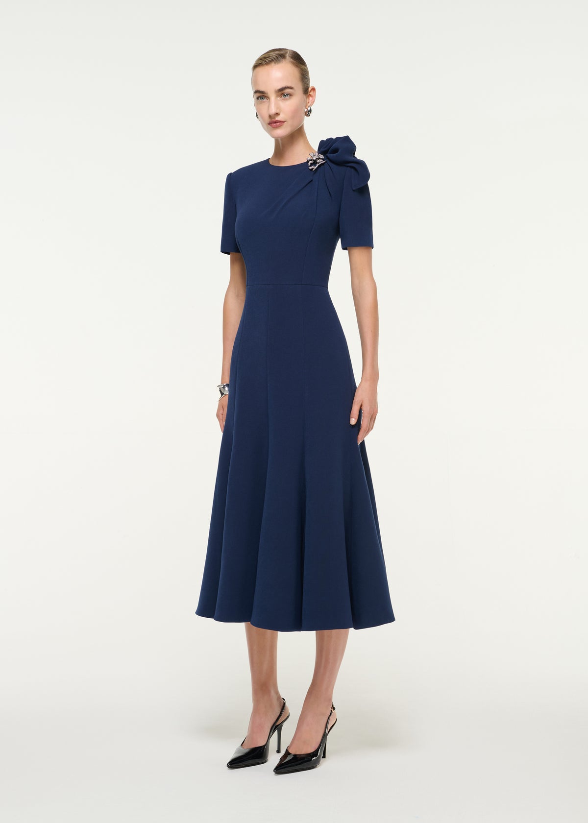 Crepe Midi Dress With Brooch Detail