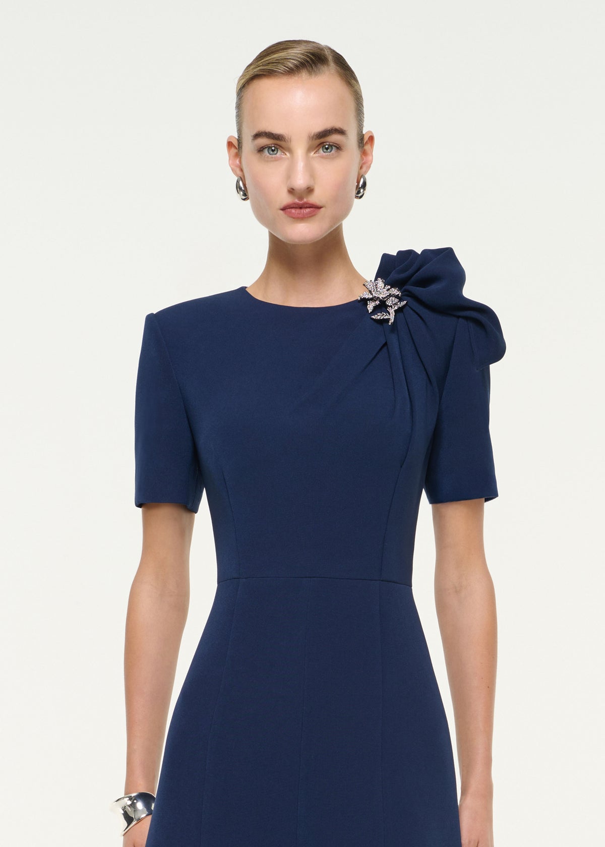Crepe Midi Dress With Brooch Detail
