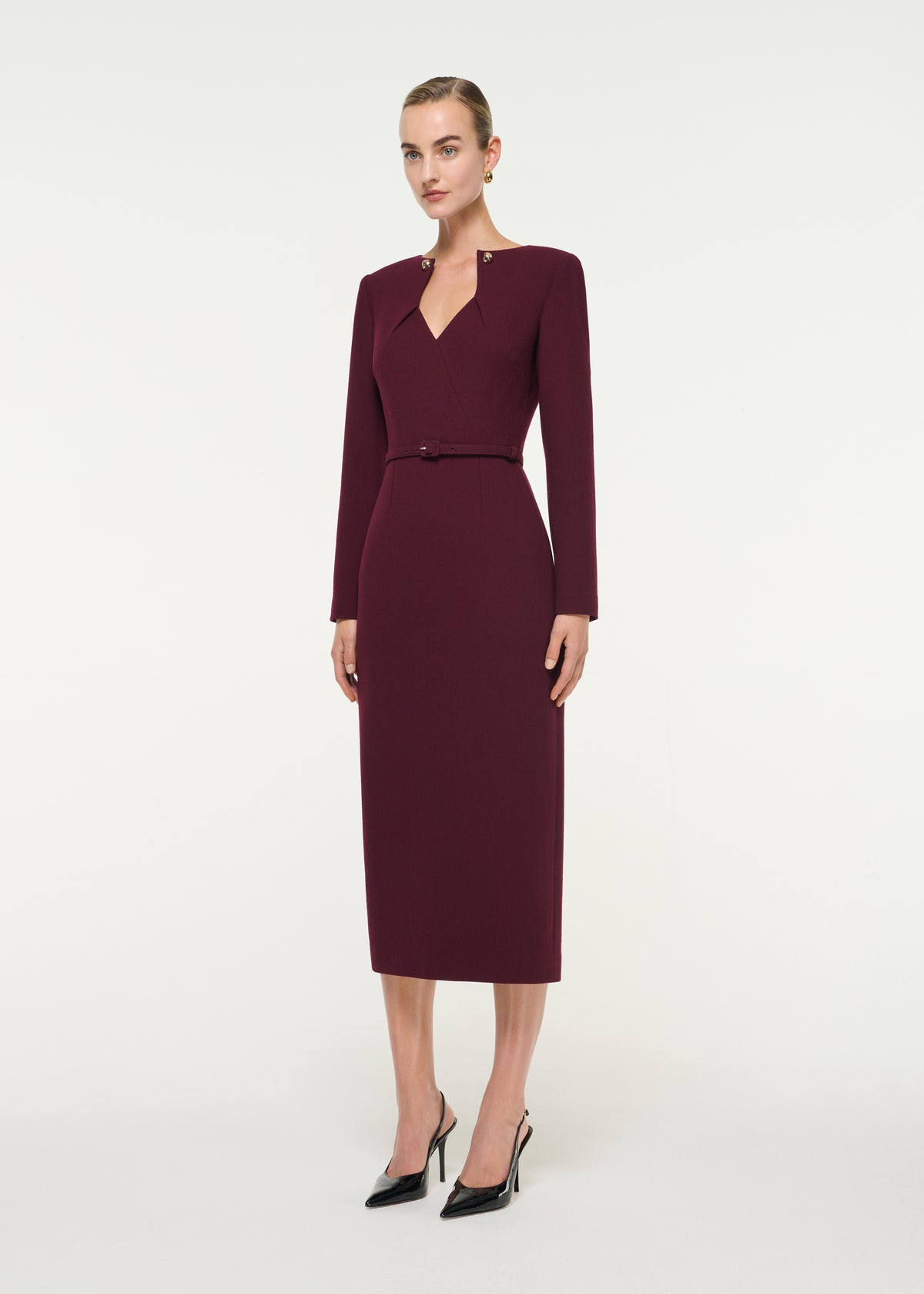 V-Neck Wool Crepe Midi Dress