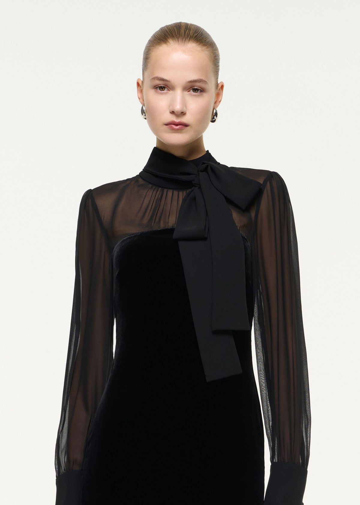 Velvet Midi Dress With Silk Chiffon Sleeves