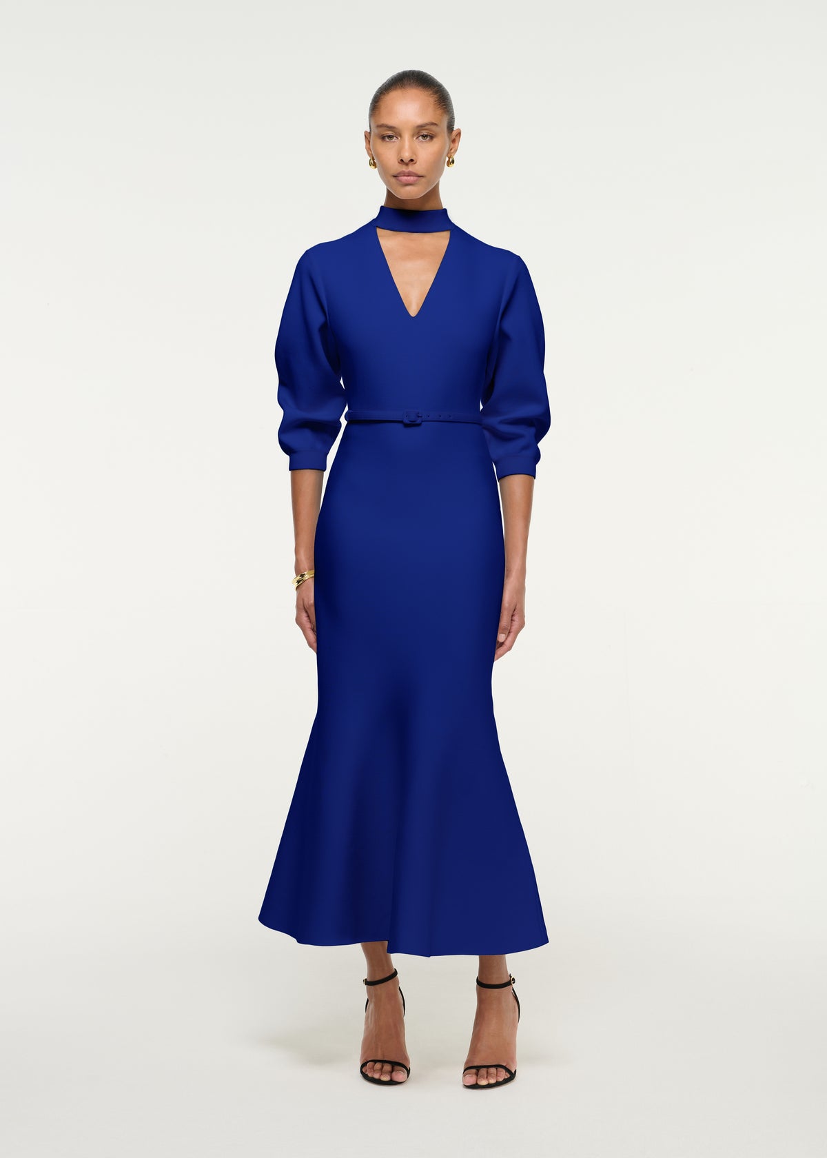 Belted Blouson Knitted Midi Dress