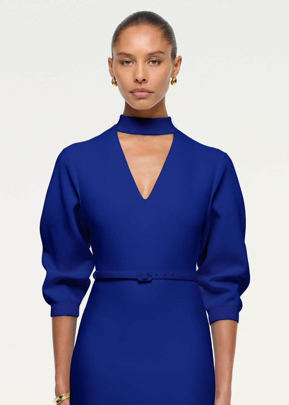 Belted Blouson Knitted Midi Dress