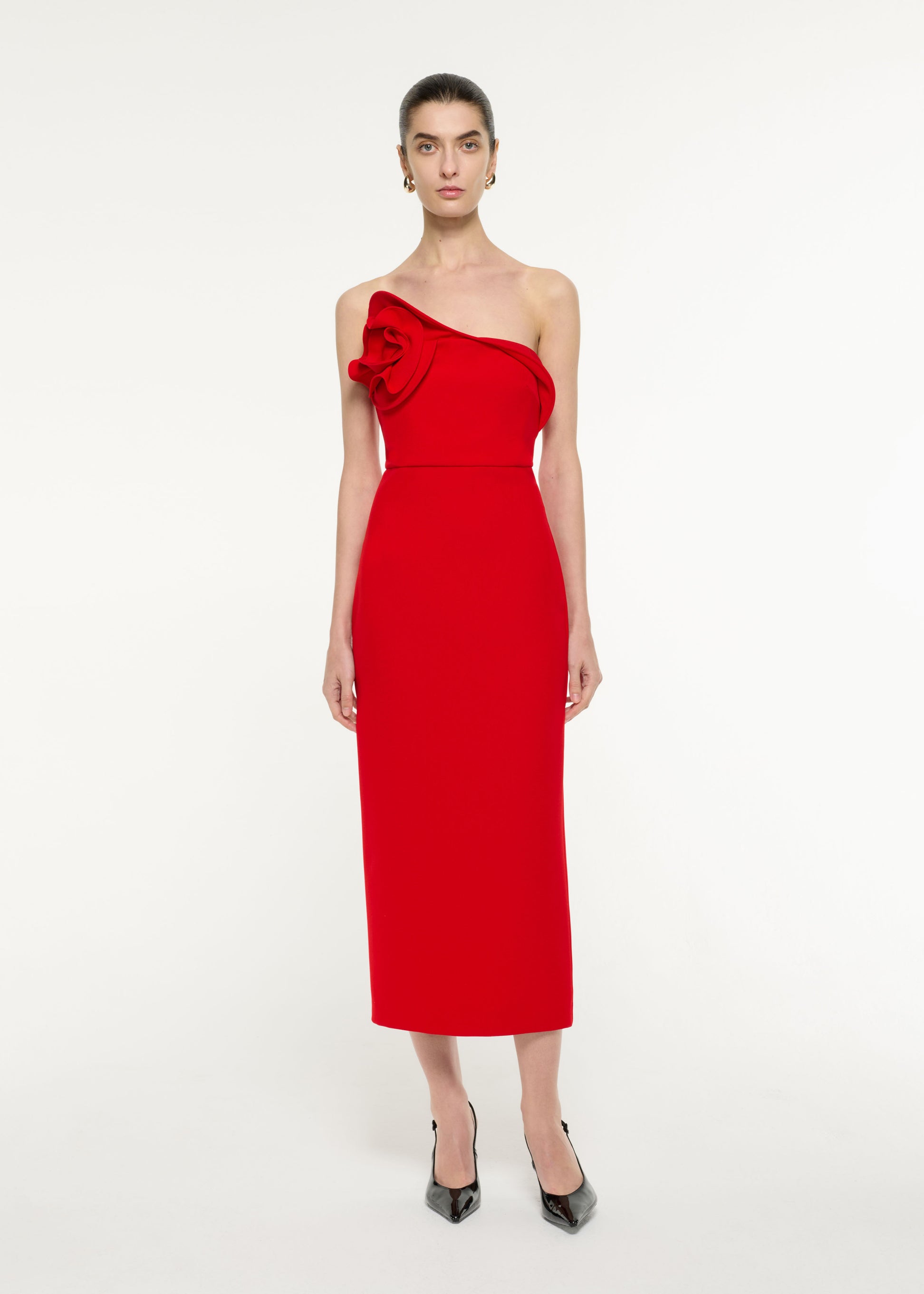 Front view of a model wearing the Flower Drape Midi Dress in Red
