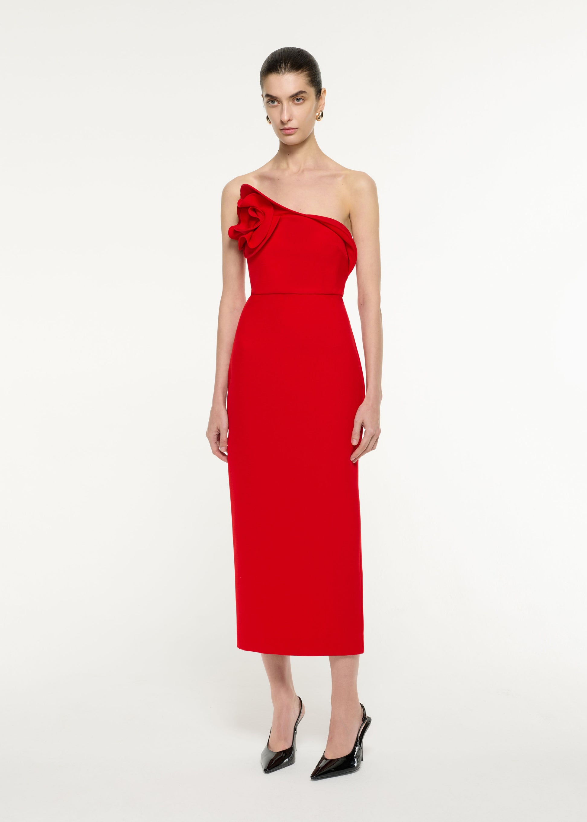 Side view of a model wearing the Flower Drape Midi Dress in Red