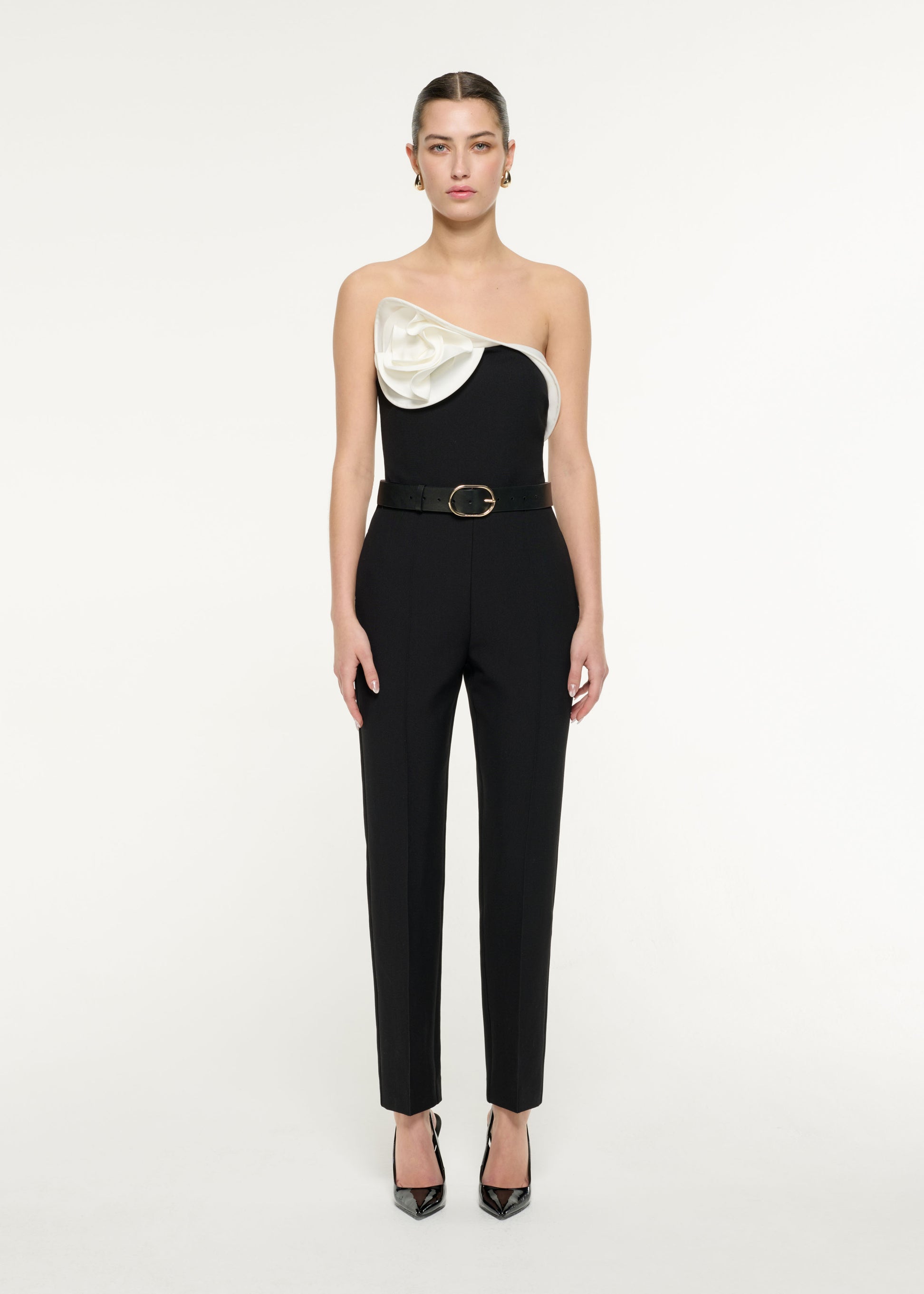 Front view of a model wearing the Flower Crepe Top in Monochrome