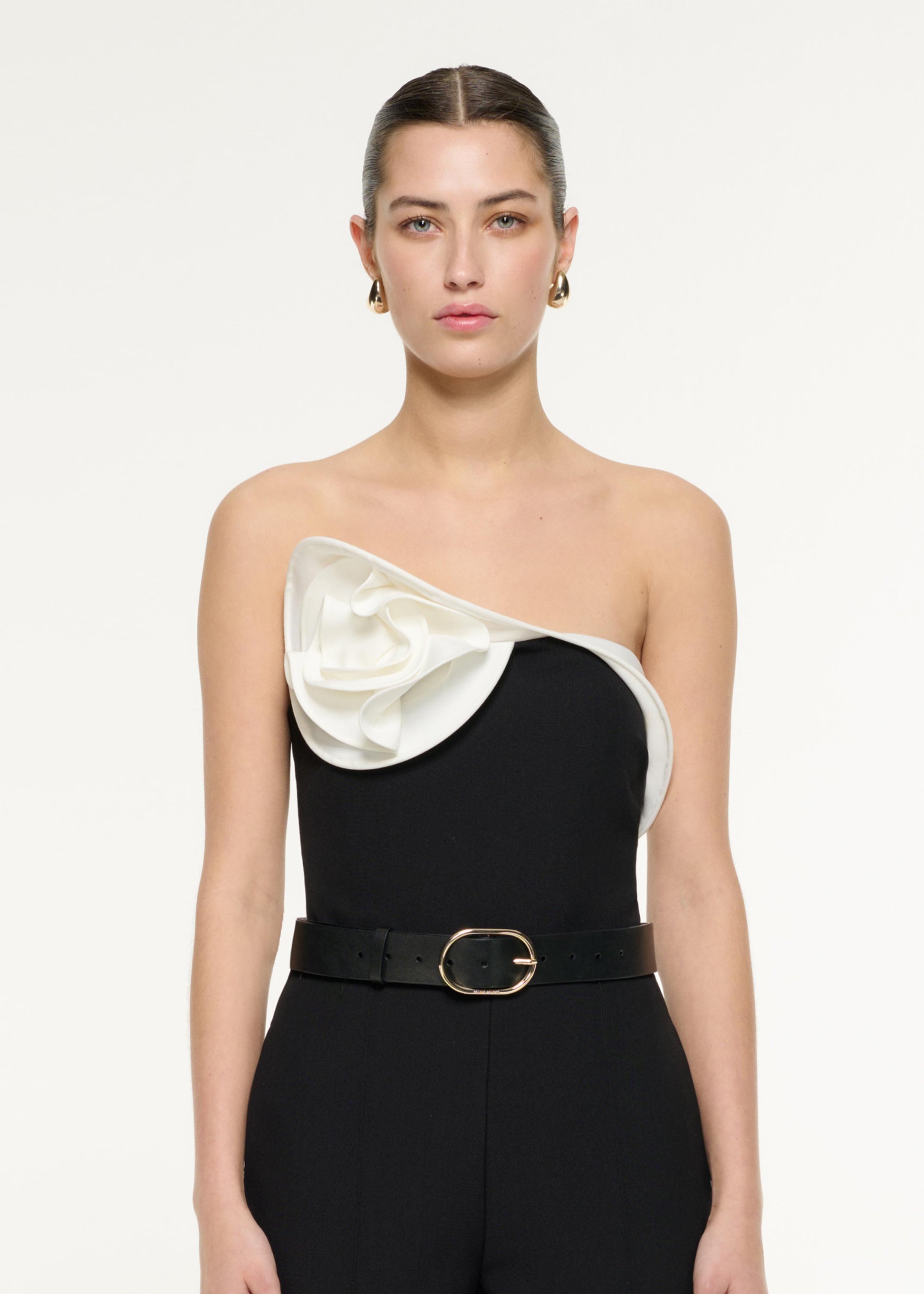 Close up of a model wearing the Flower Crepe Top in Monochrome