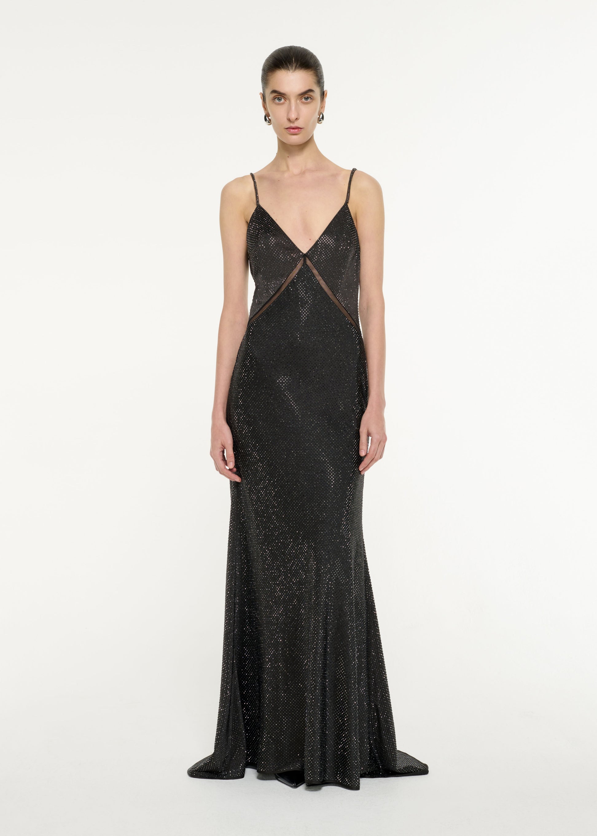 Front view of a model wearing the Satin Diamante Gown in Black