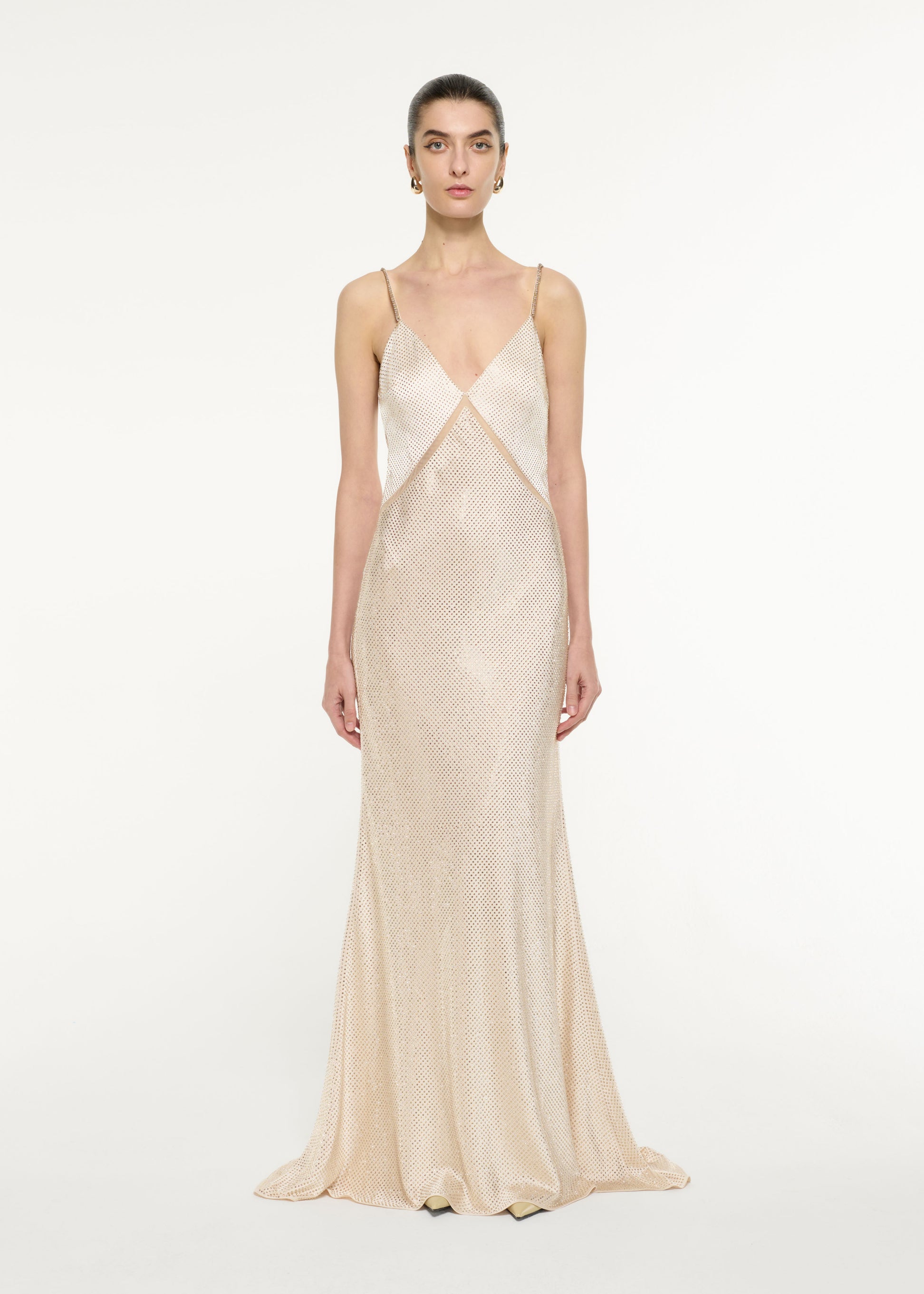 Front view of a model wearing the Satin Diamante Gown in Champagne