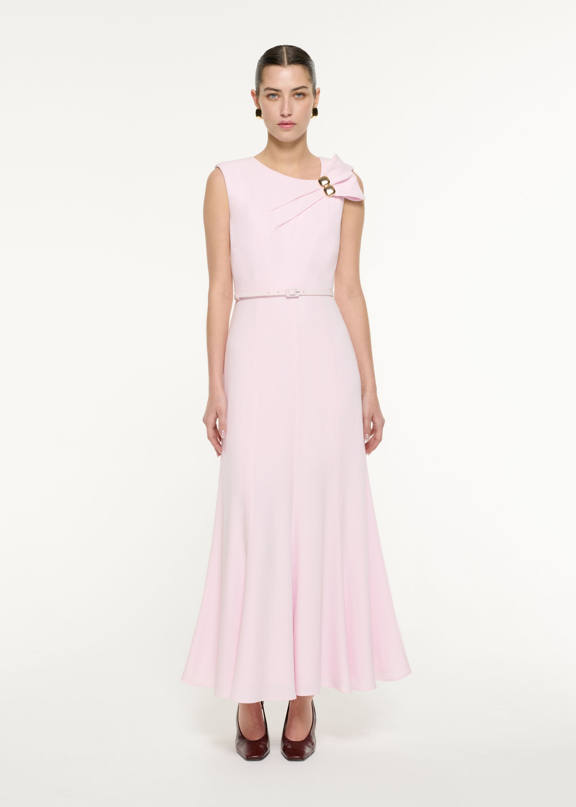Front view of a model wearing the Bow Drape Satin Crepe Maxi Dress in Pink