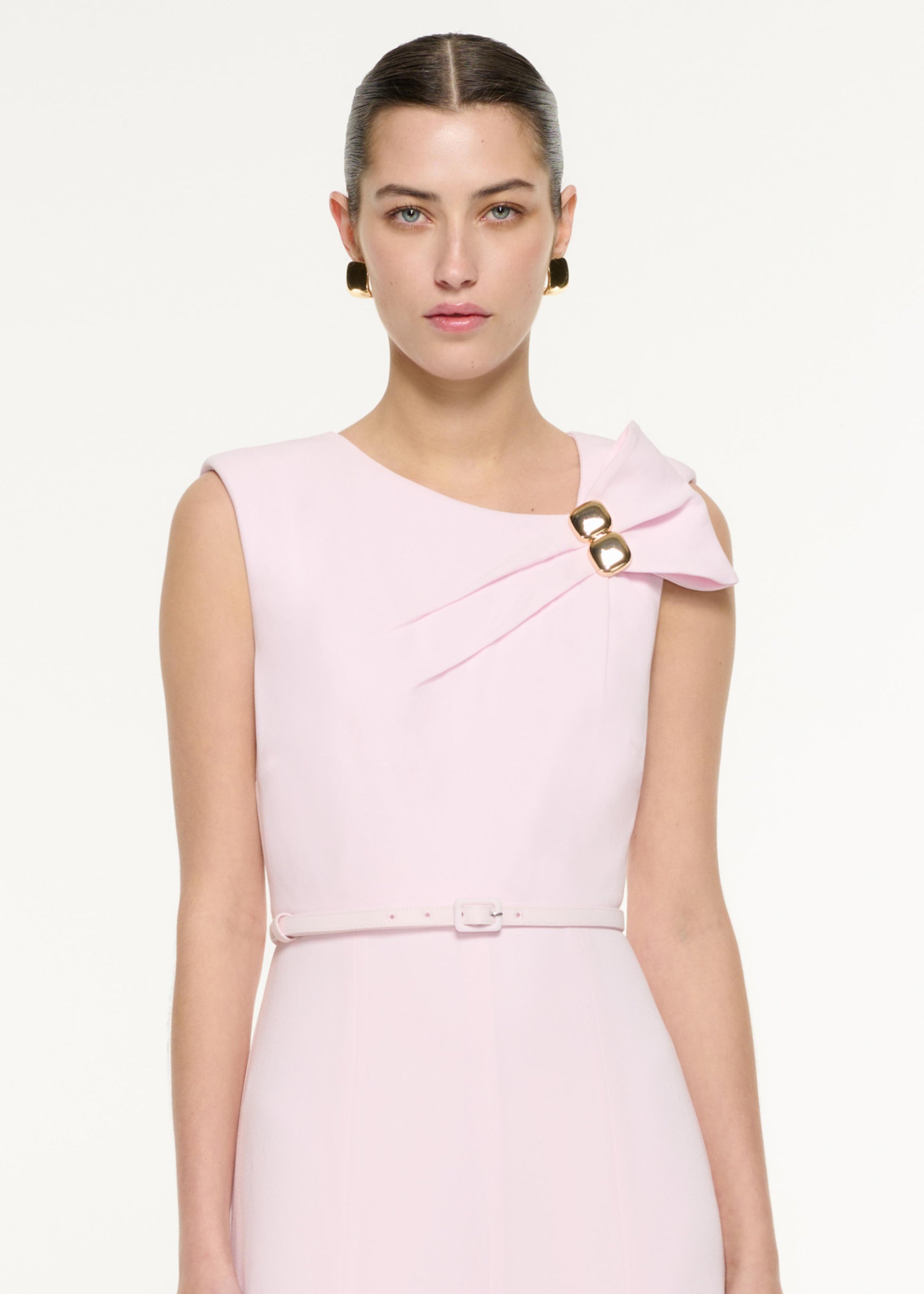 Close up of a model wearing the Bow Drape Satin Crepe Maxi Dress in Pink