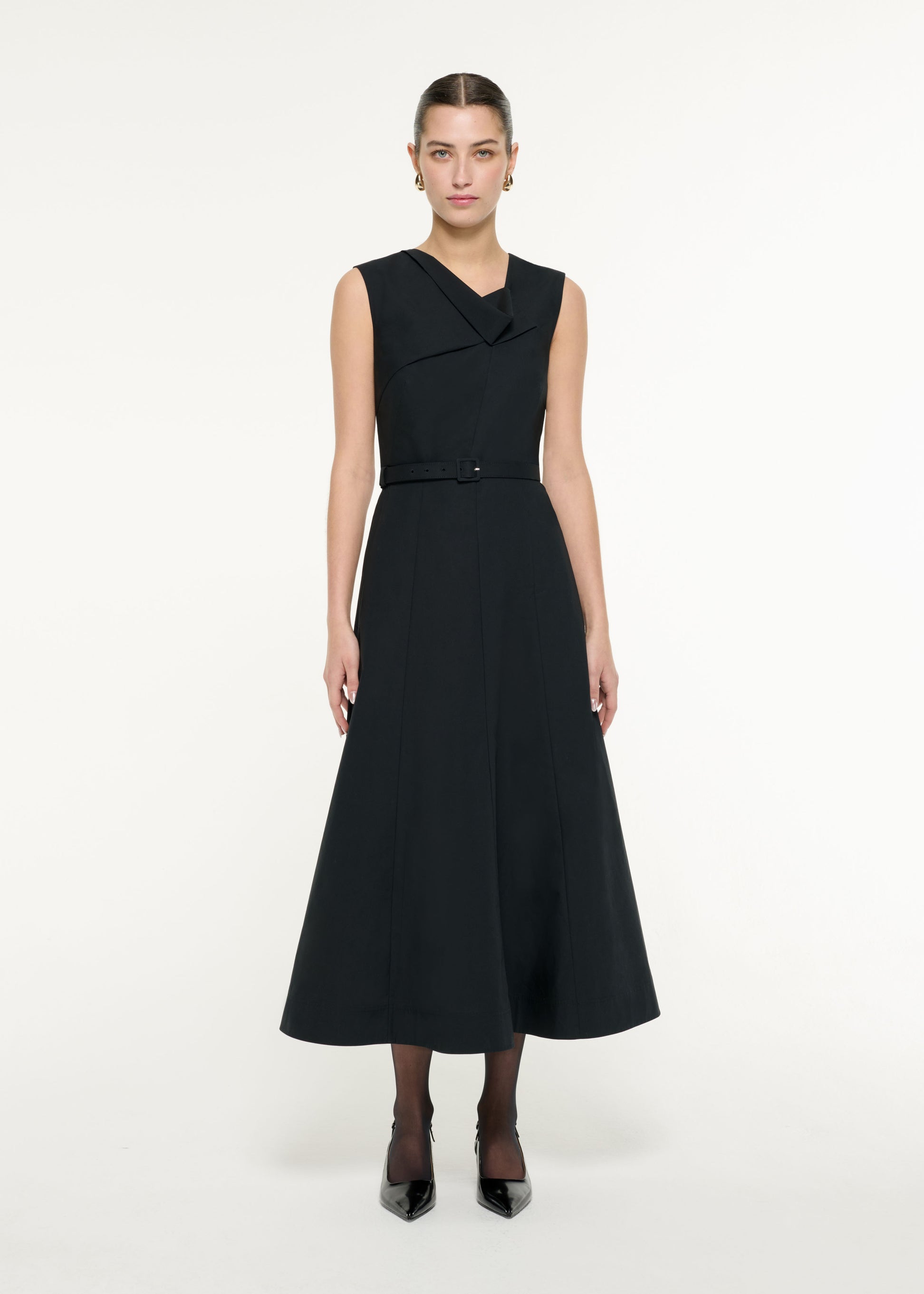 Front view of a model wearing the Drape Cotton Poplin Midi Dress in Black