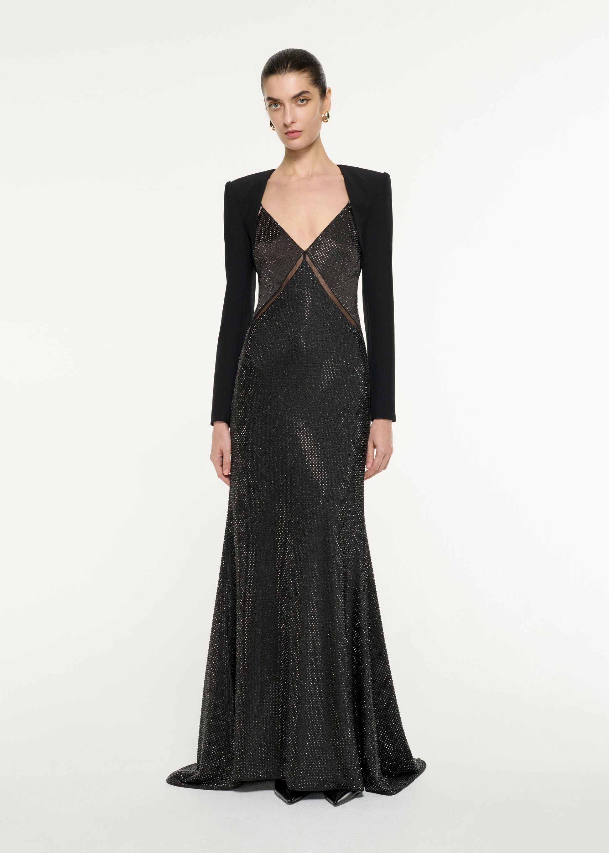 Front view of a model wearing the Cropped Bolero Jacket in Black