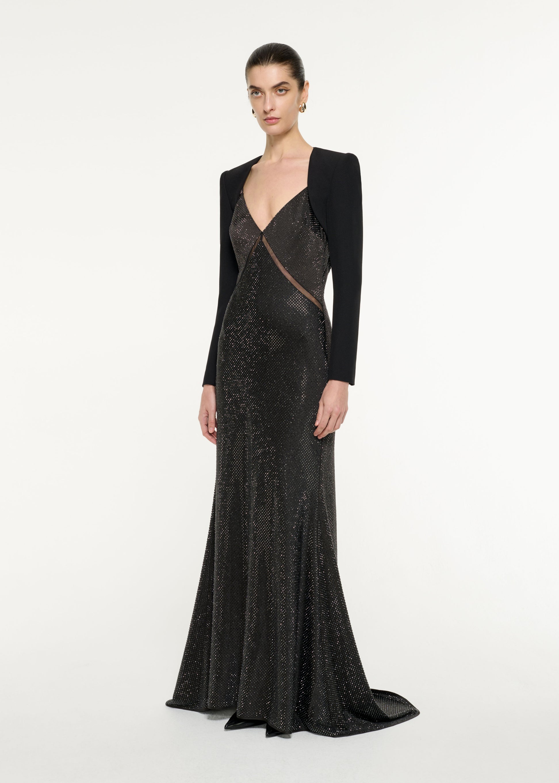 Side view of a model wearing the Cropped Bolero Jacket in Black