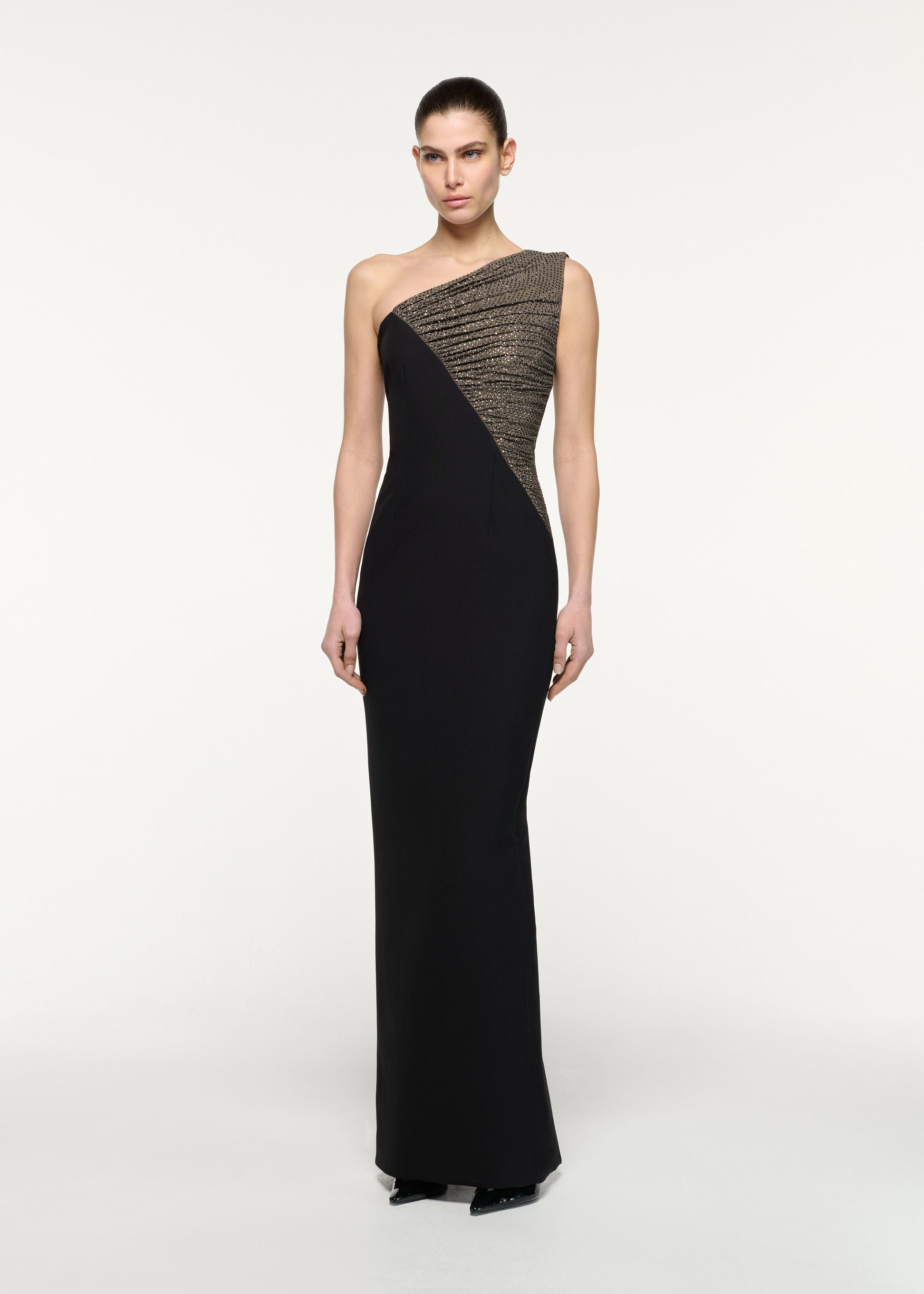 Asymmetric Diamante Contrast Column Dress